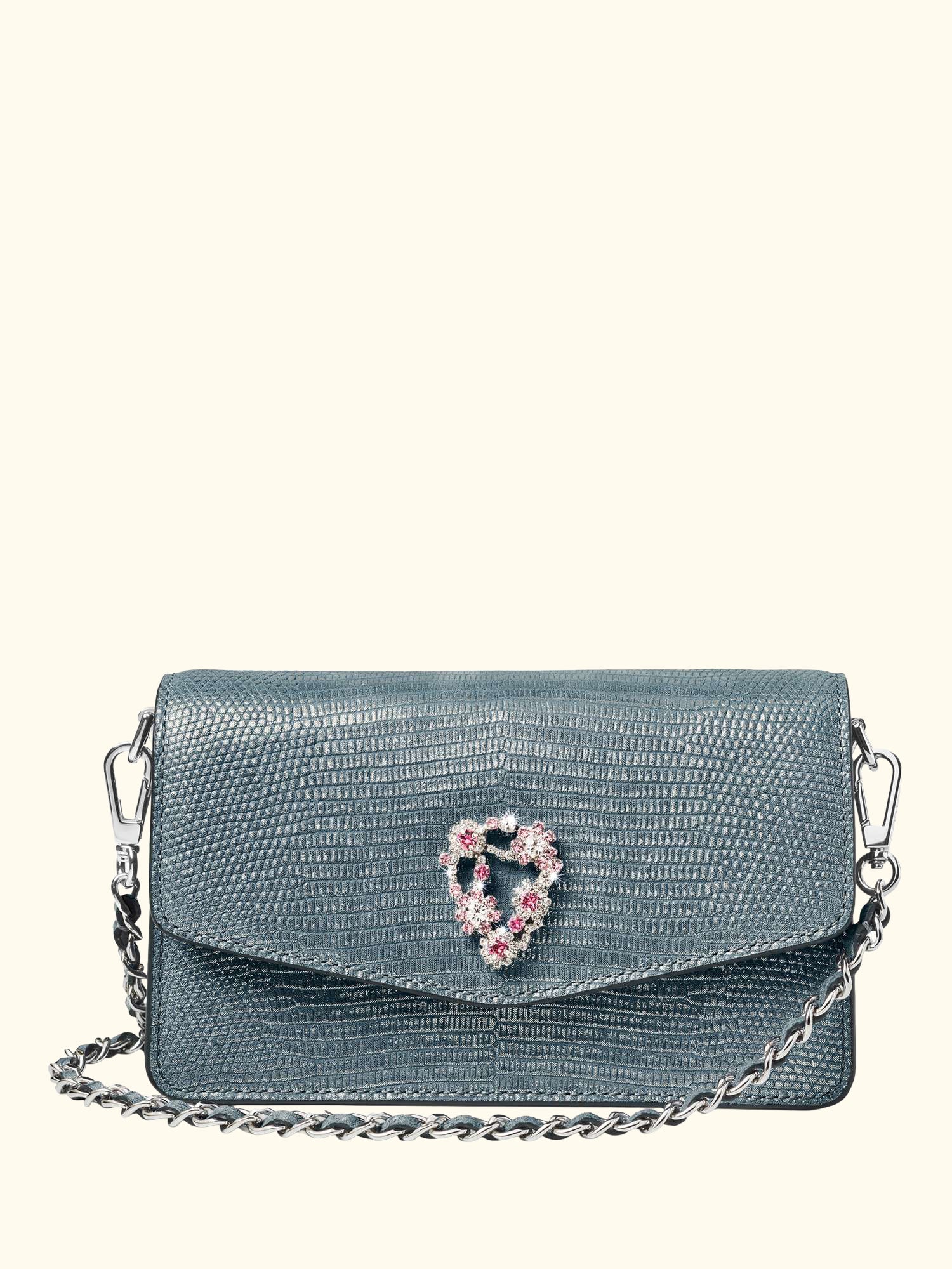 Eliza Croc Leather Clutch Bag, Peacock
