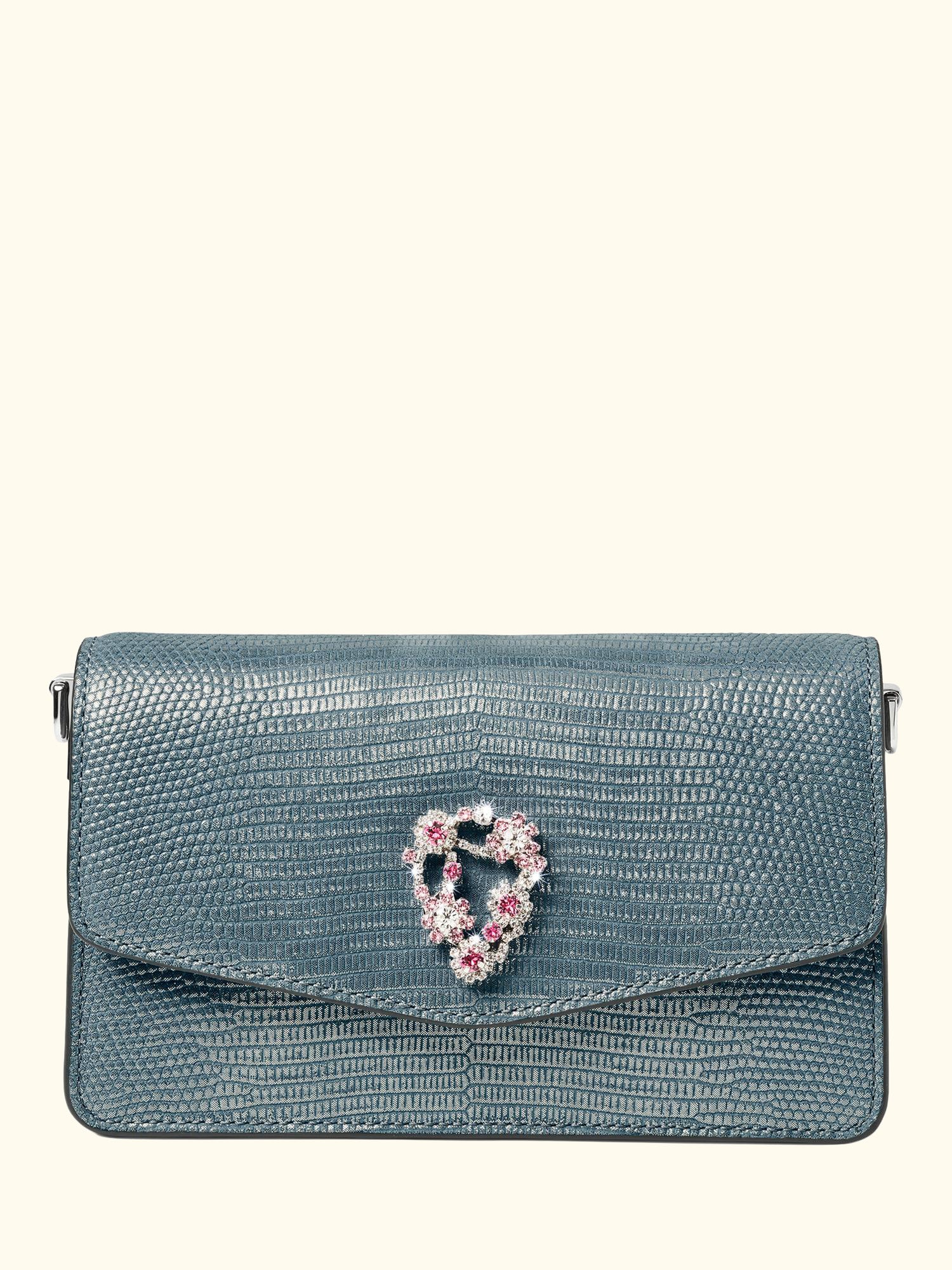 Eliza Croc Leather Clutch Bag, Peacock