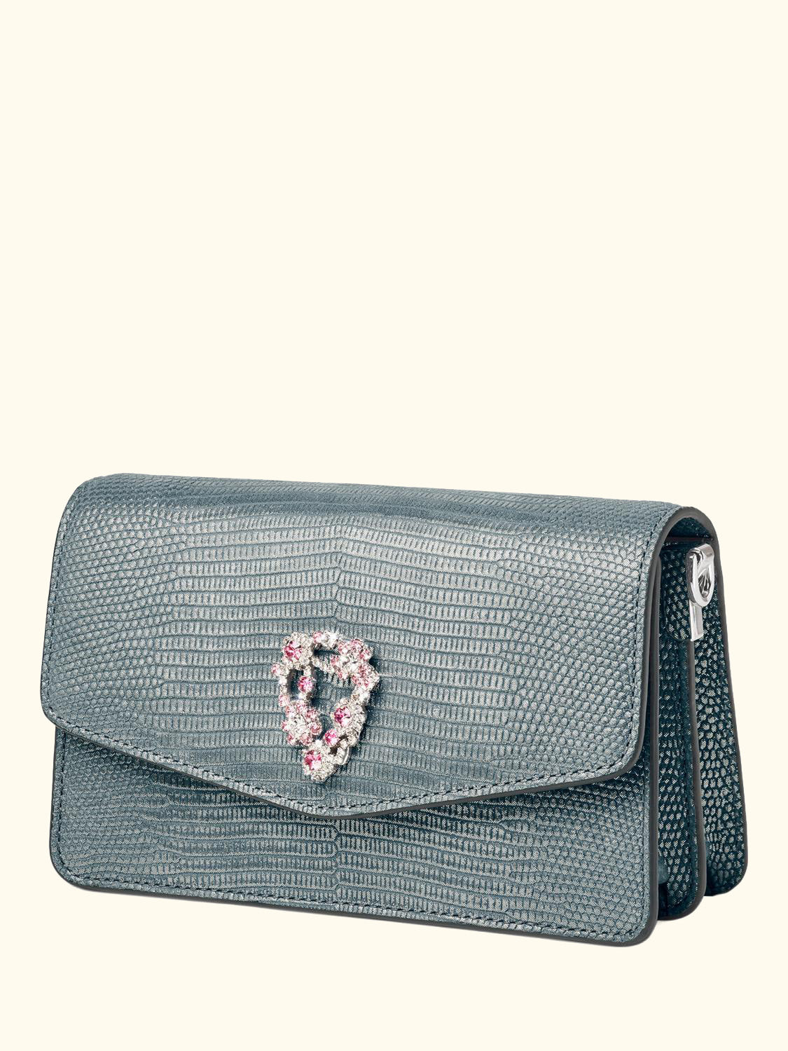 Eliza Croc Leather Clutch Bag, Peacock