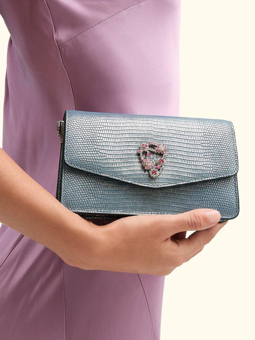 Eliza Croc Leather Clutch Bag, Peacock