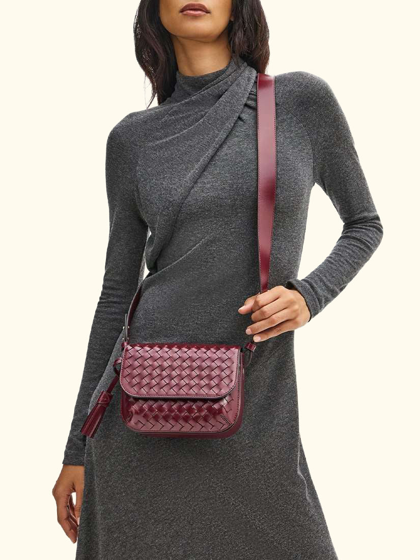 Ella Woven Leather Crossbody Bag, Burgundy