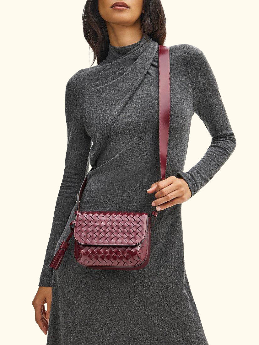 Ella Woven Leather Crossbody Bag, Burgundy