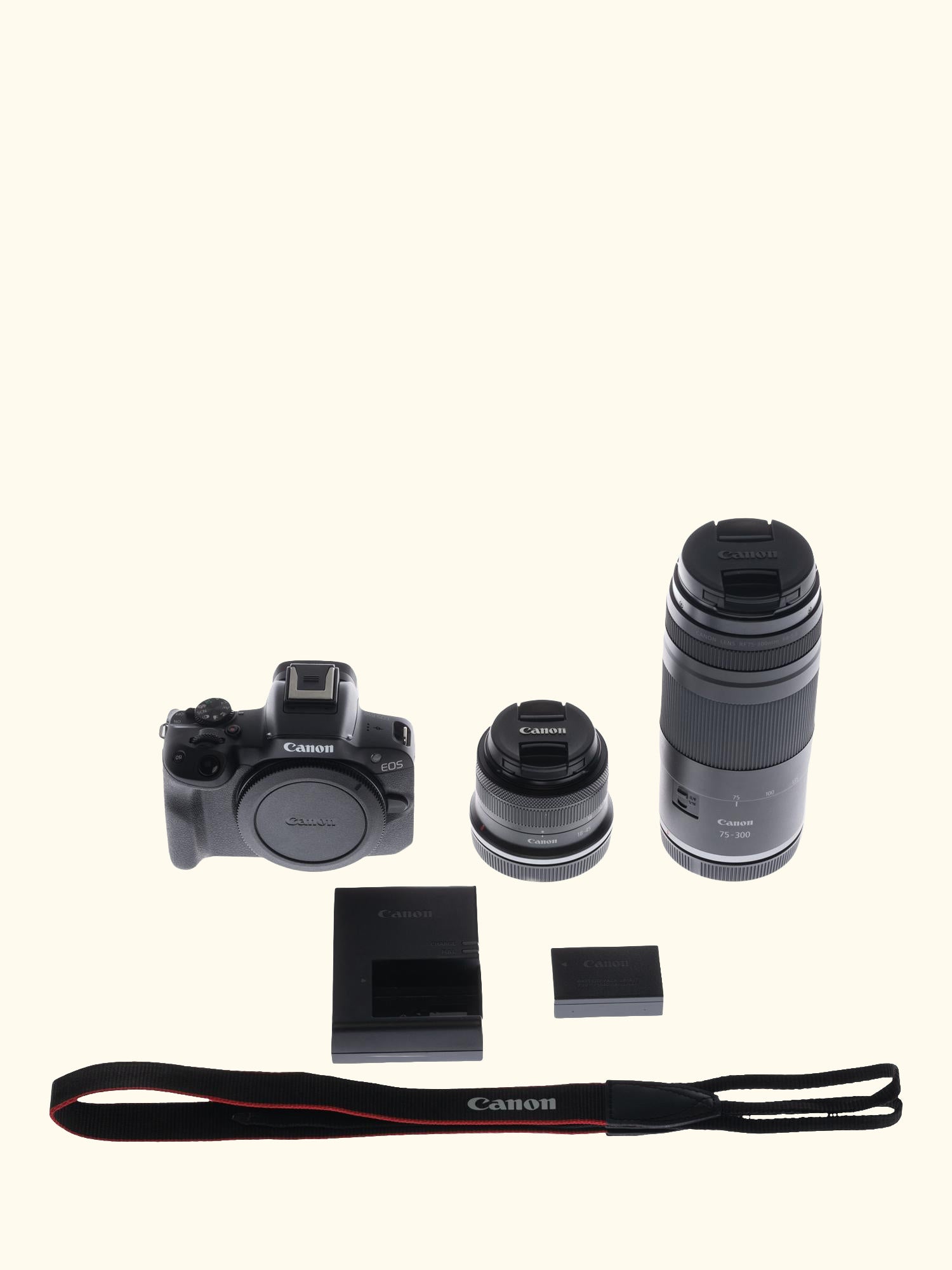 EOS R50 Compact System Camera with RF-S 18-45mm Zoom & 75-300mm Telephoto Lenses, 4K Ultra HD, 24.2MP, Wi-Fi, Bluetooth, OLED EVF, 3” Vari-Angle Touch Screen, Double Lens Kit, Black