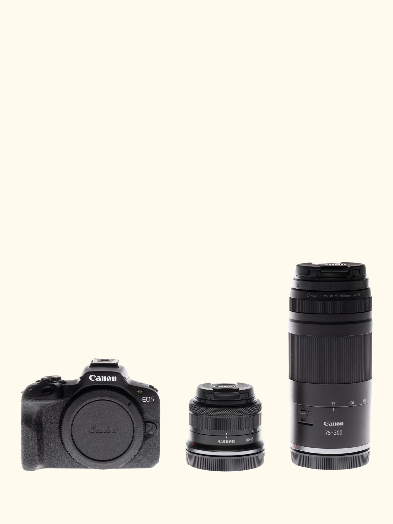 EOS R50 Compact System Camera with RF-S 18-45mm Zoom & 75-300mm Telephoto Lenses, 4K Ultra HD, 24.2MP, Wi-Fi, Bluetooth, OLED EVF, 3” Vari-Angle Touch Screen, Double Lens Kit, Black
