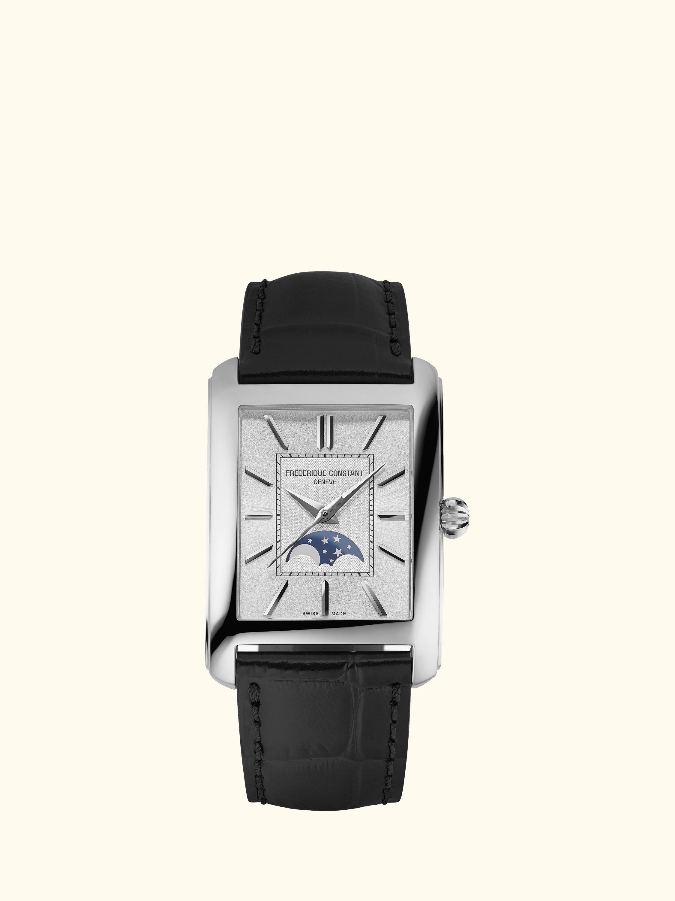 FC-333S4C6 Men's Classics Carrée Moonphase Automatic Leather Strap Watch, Silver