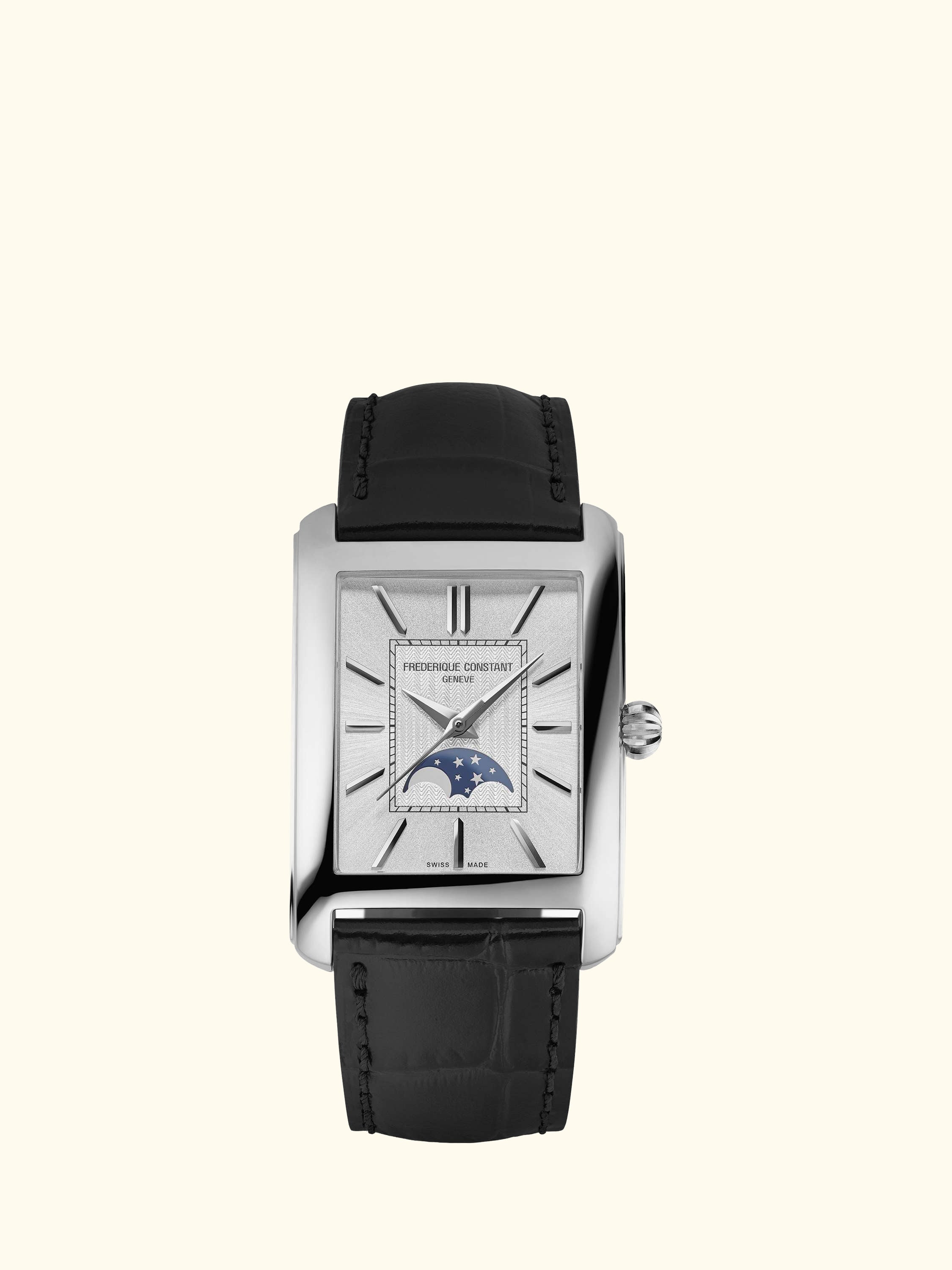 FC-333S4C6 Men's Classics Carrée Moonphase Automatic Leather Strap Watch, Silver