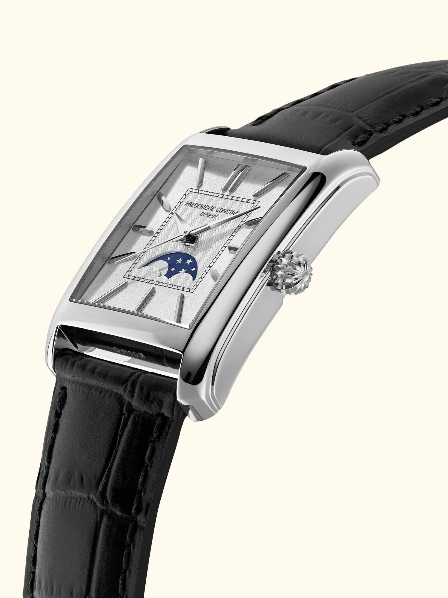 FC-333S4C6 Men's Classics Carrée Moonphase Automatic Leather Strap Watch, Silver