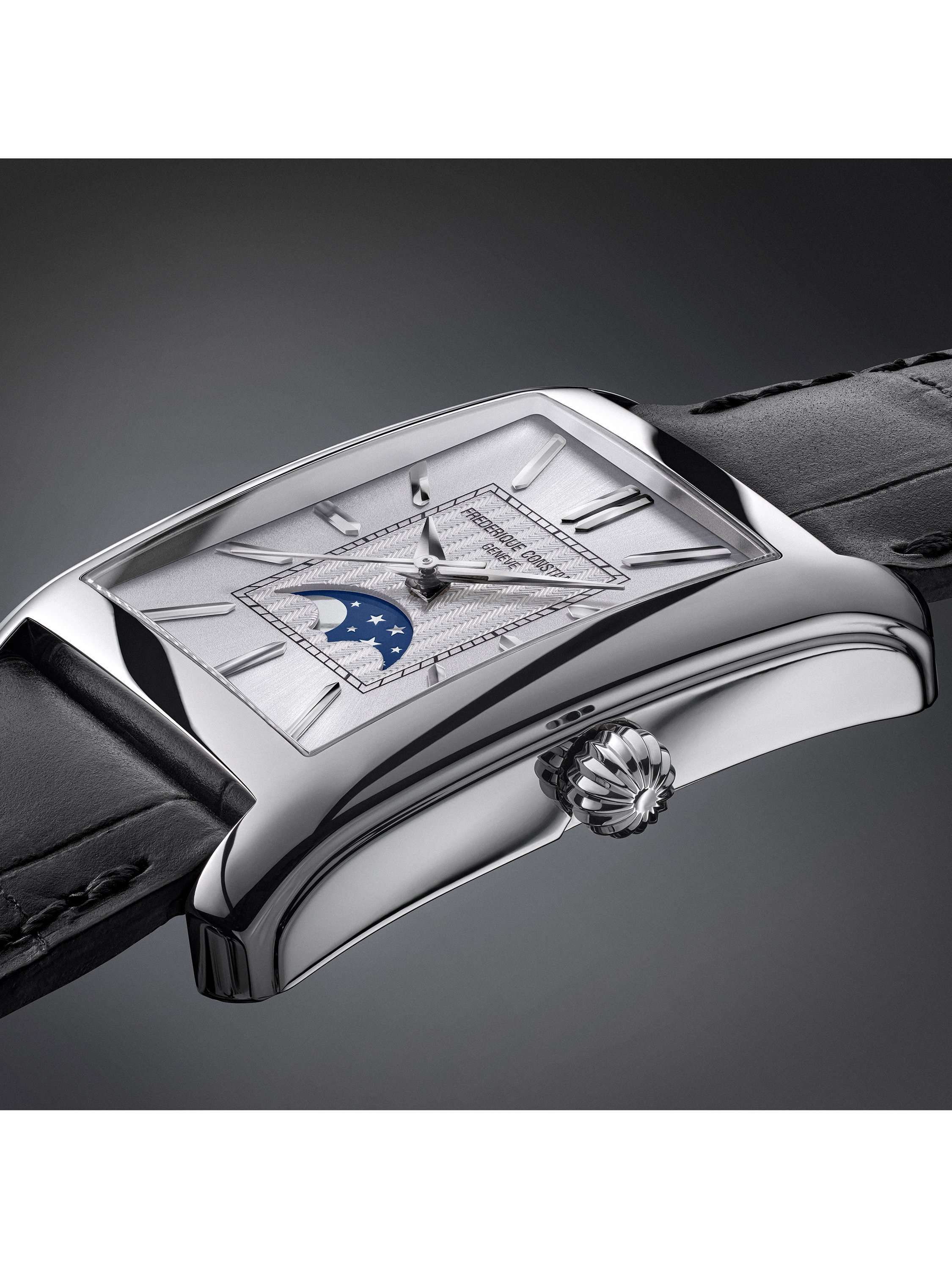 FC-333S4C6 Men's Classics Carrée Moonphase Automatic Leather Strap Watch, Silver