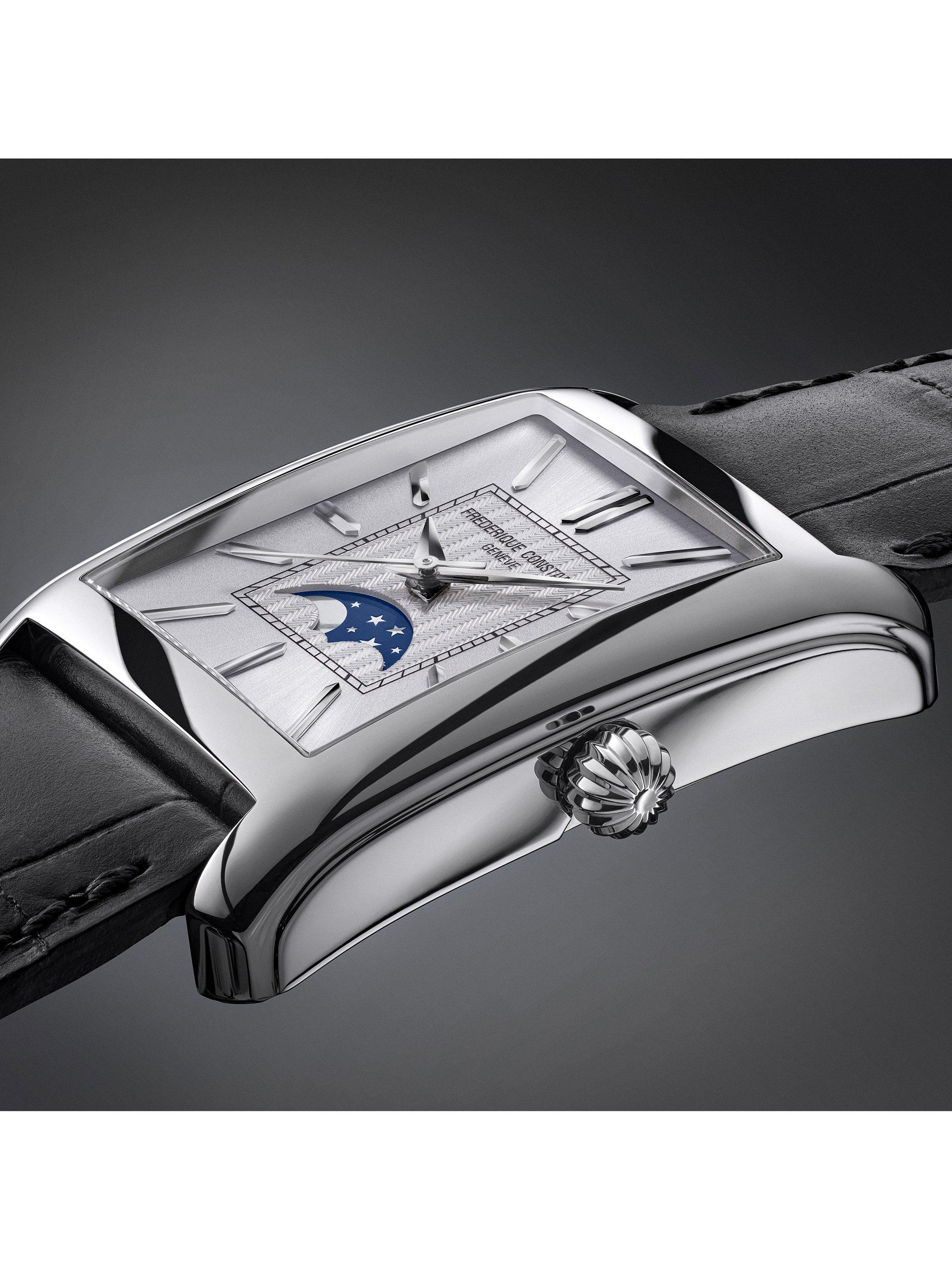 FC-333S4C6 Men's Classics Carrée Moonphase Automatic Leather Strap Watch, Silver