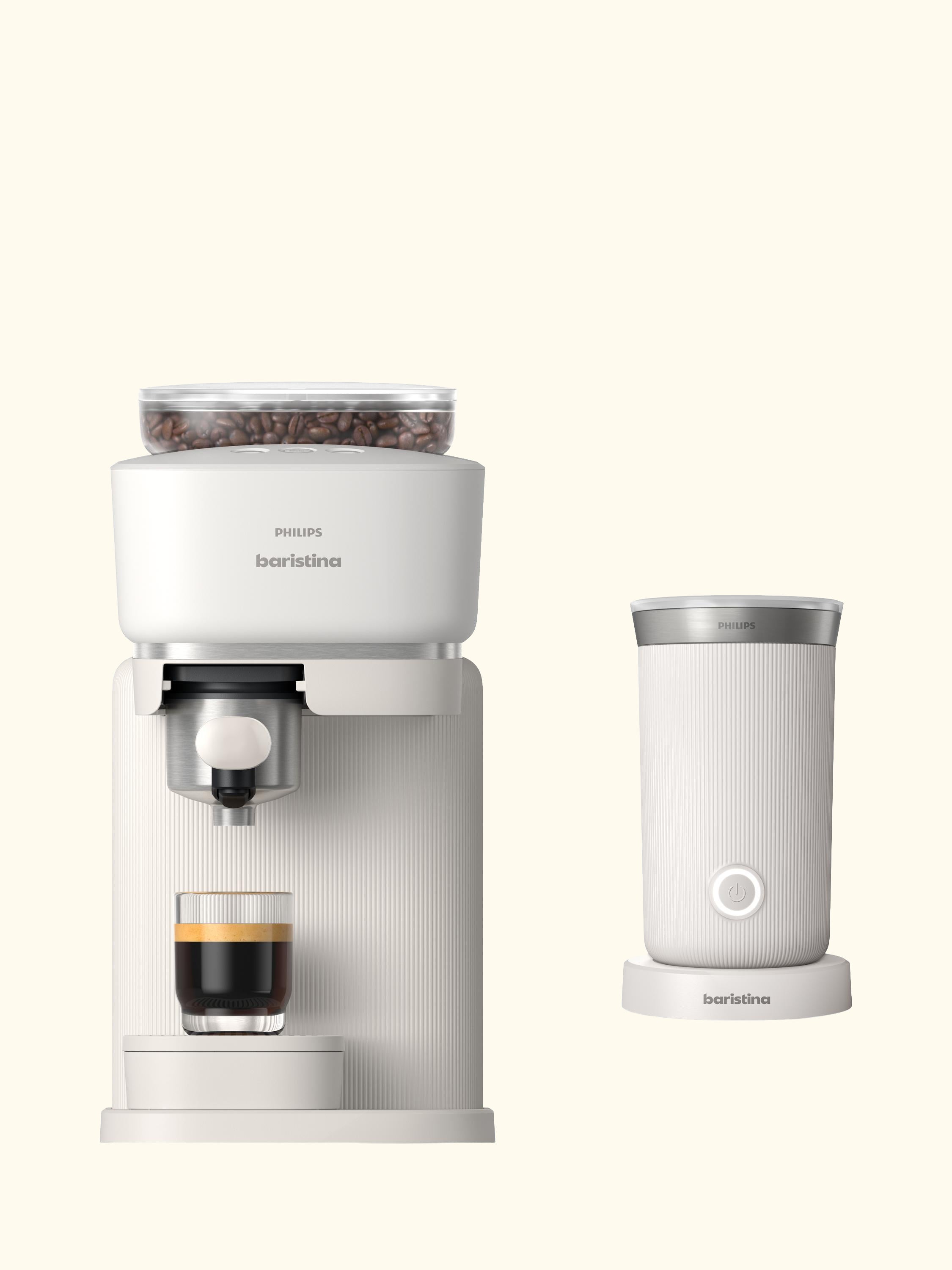 Baristina Automatic Bean to Cup Coffee Machine & Milk Frother Set, White