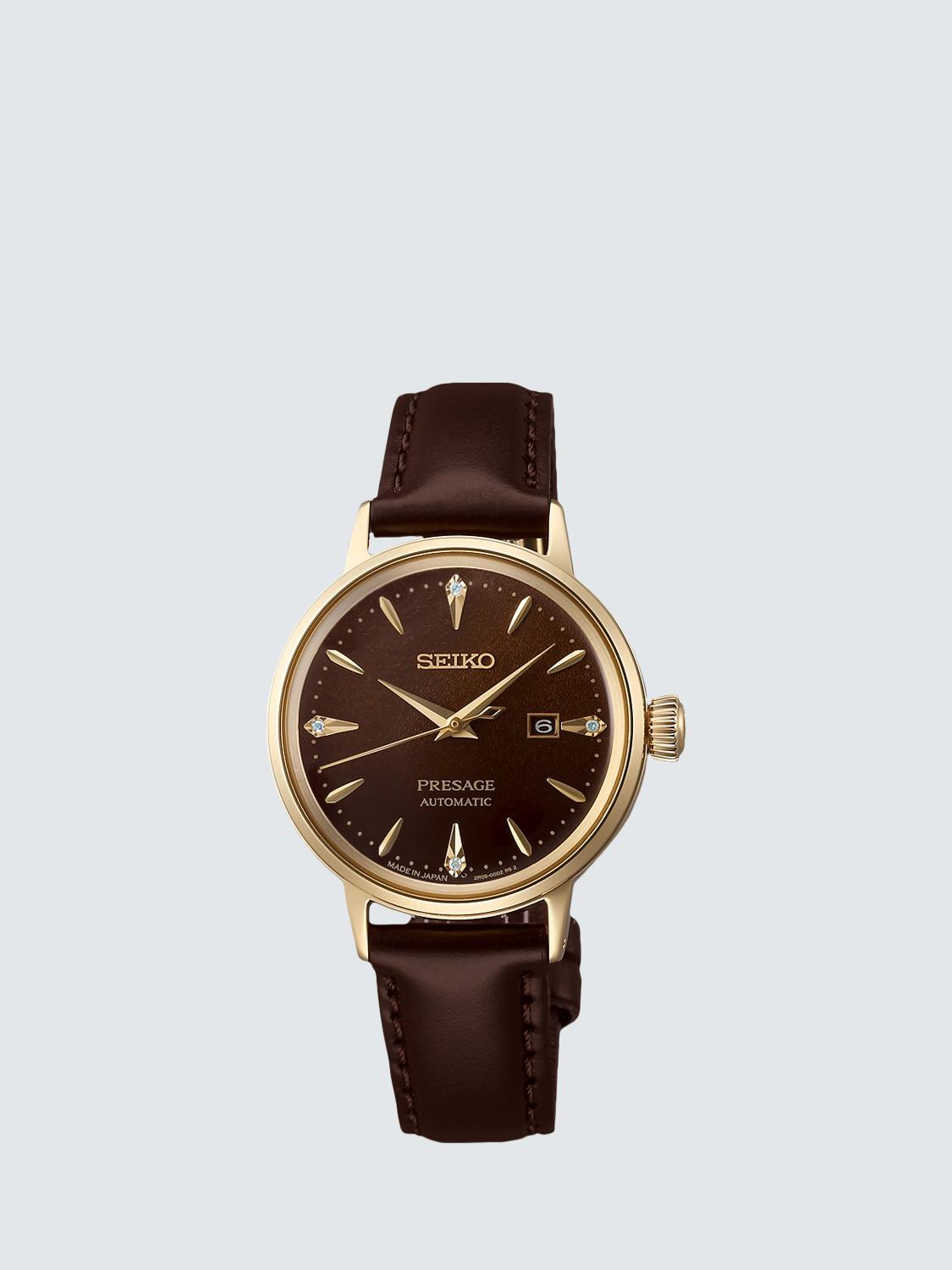 RE020J1 Women's Seiko Presage Cocktail Time Leather Strap Watch, Coffee Brown