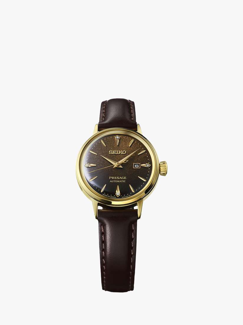 RE020J1 Women's Seiko Presage Cocktail Time Leather Strap Watch, Coffee Brown