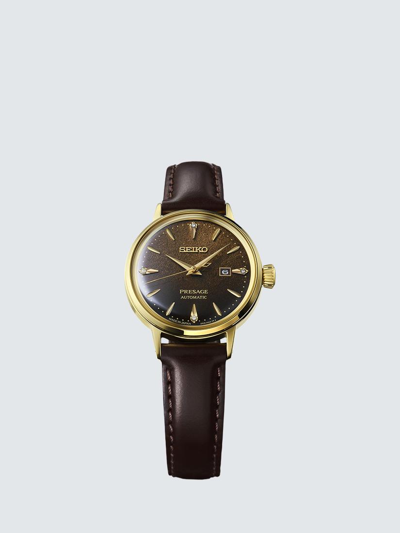 RE020J1 Women's Seiko Presage Cocktail Time Leather Strap Watch, Coffee Brown