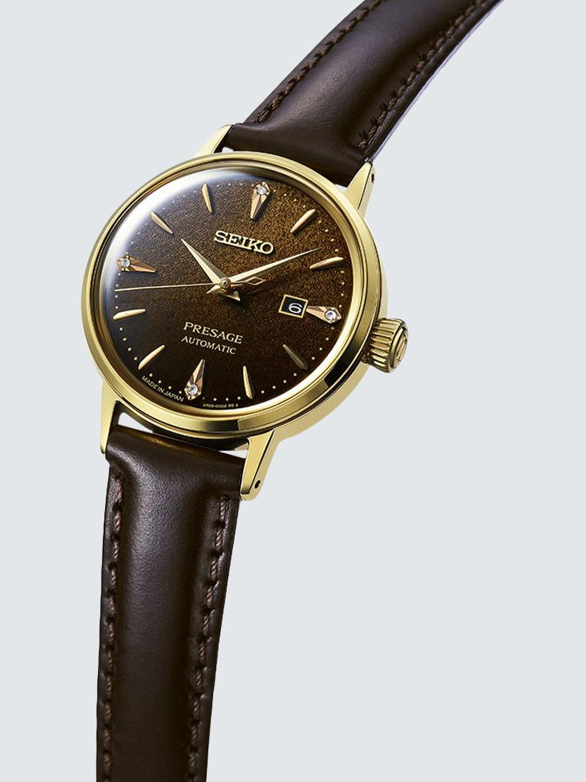 RE020J1 Women's Seiko Presage Cocktail Time Leather Strap Watch, Coffee Brown