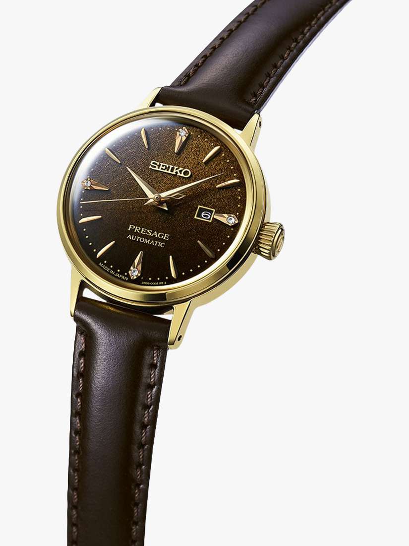 RE020J1 Women's Seiko Presage Cocktail Time Leather Strap Watch, Coffee Brown