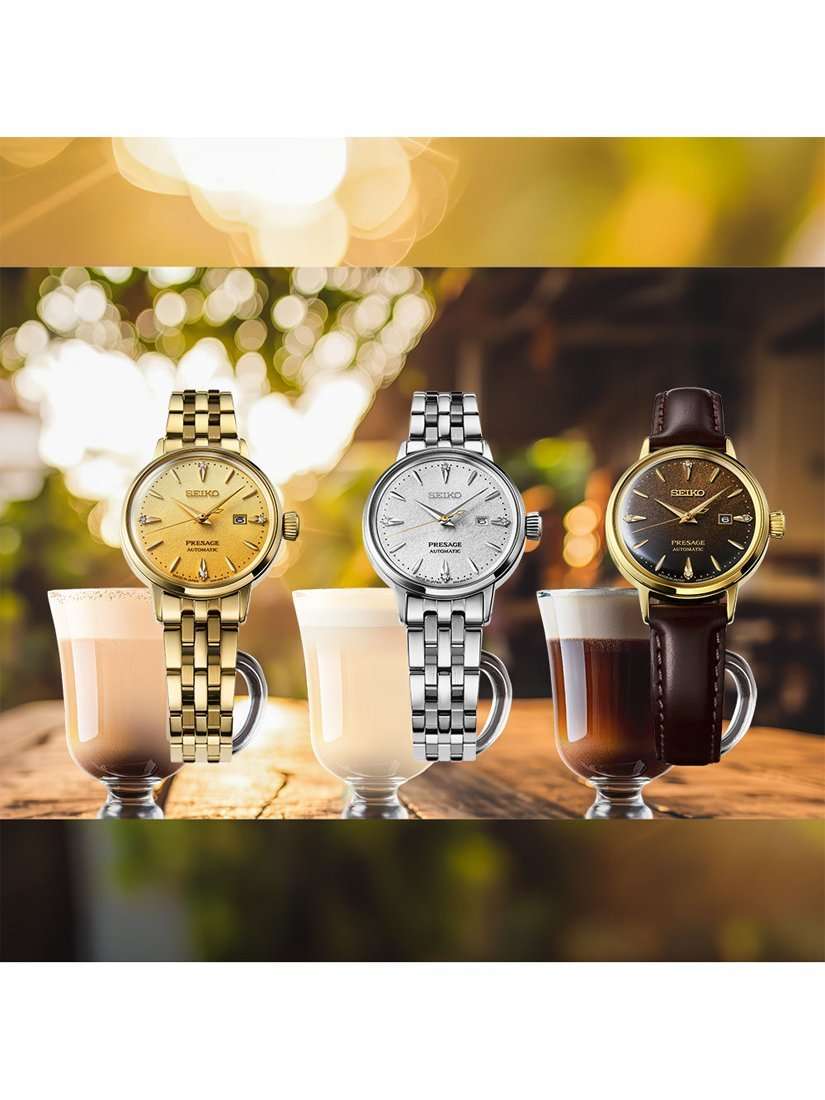 RE020J1 Women's Seiko Presage Cocktail Time Leather Strap Watch, Coffee Brown
