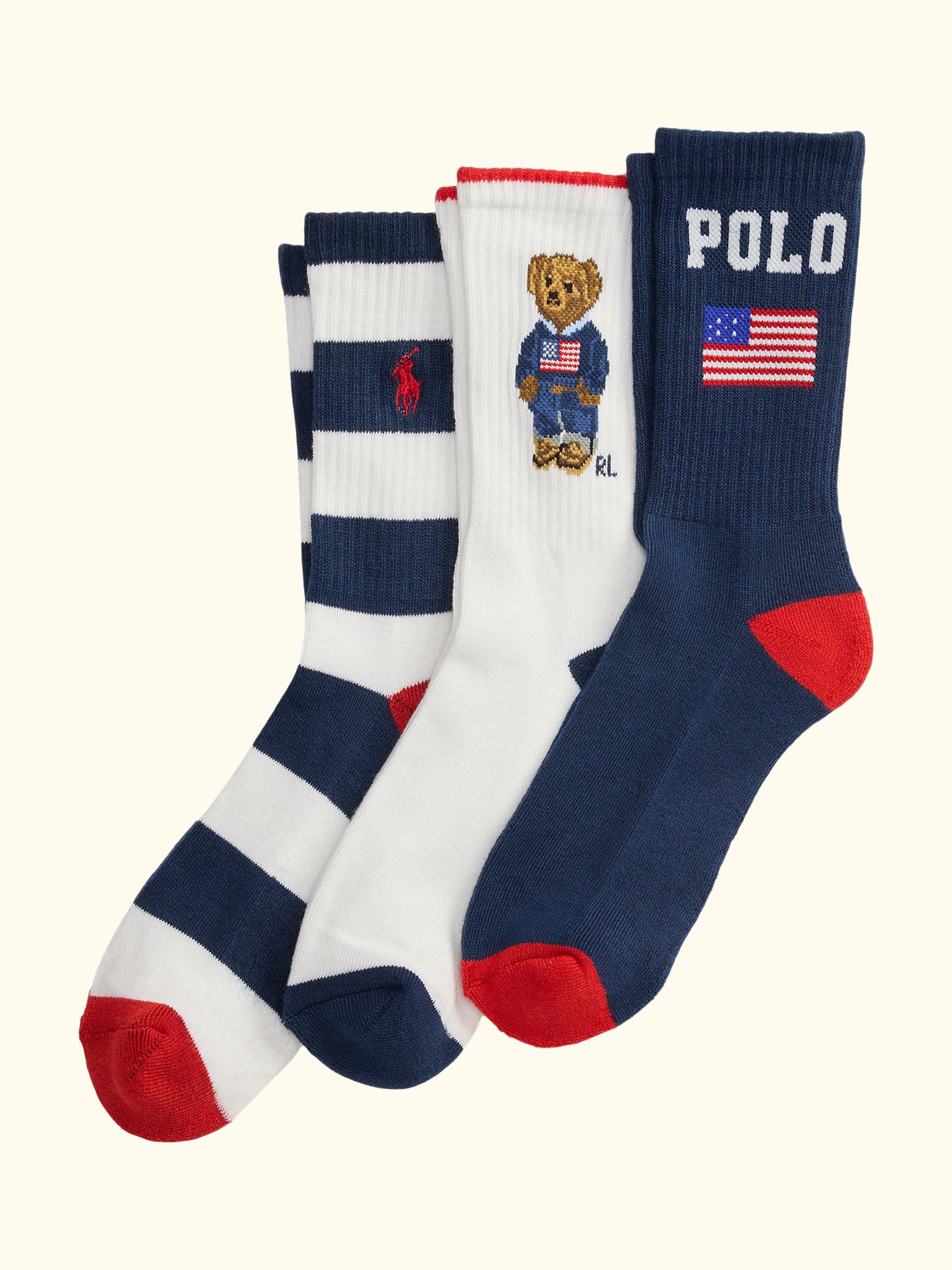 Kids' Polo Crew Socks, Pack of 3, White Navy Red