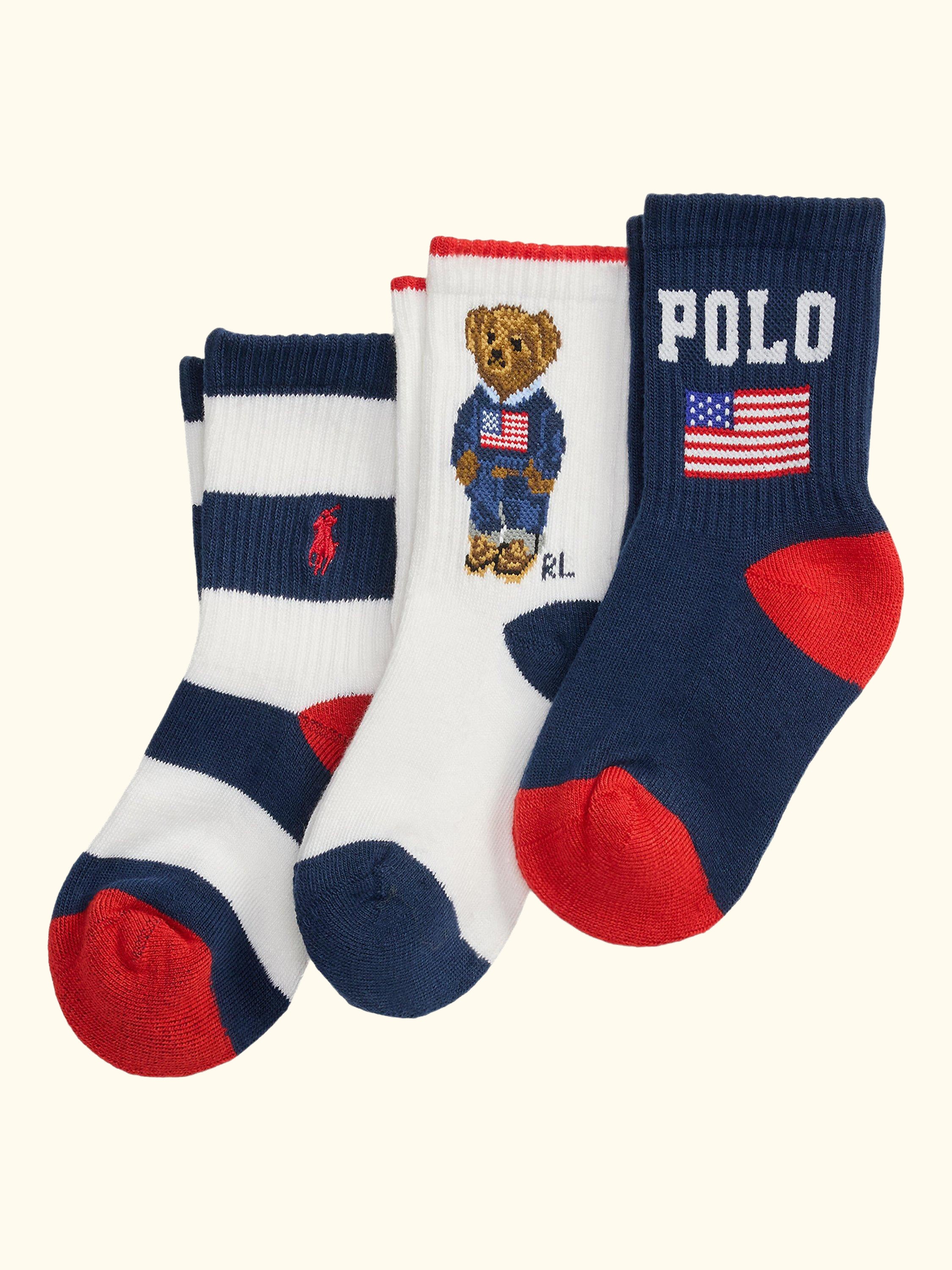 Kids' Polo Crew Socks, Pack of 3, White Navy Red