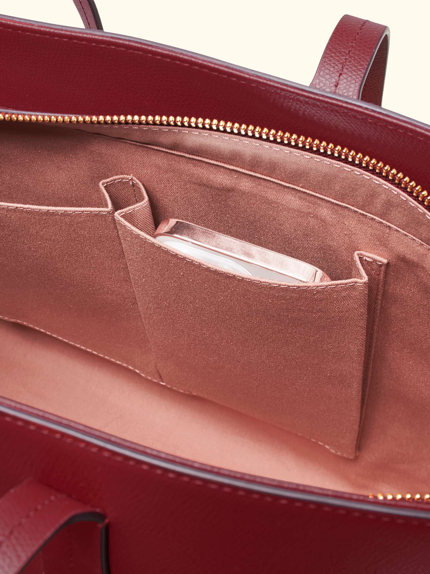 Zipped East West Leather Tote Bag, Cherry