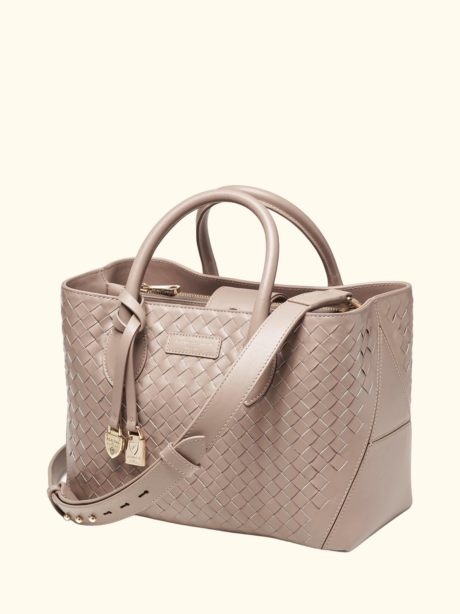 Midi London Woven Leather Tote Bag, Moleskin