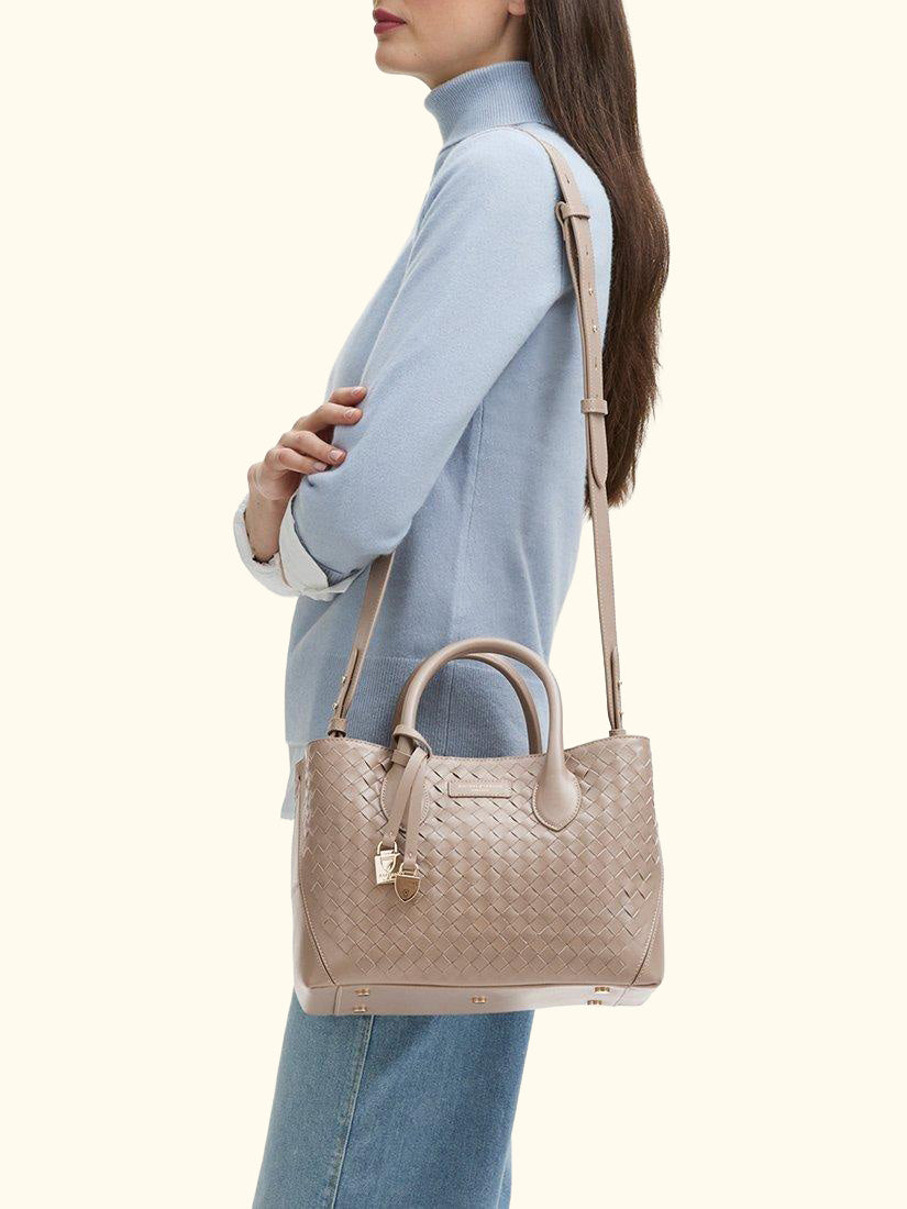 Midi London Woven Leather Tote Bag, Moleskin