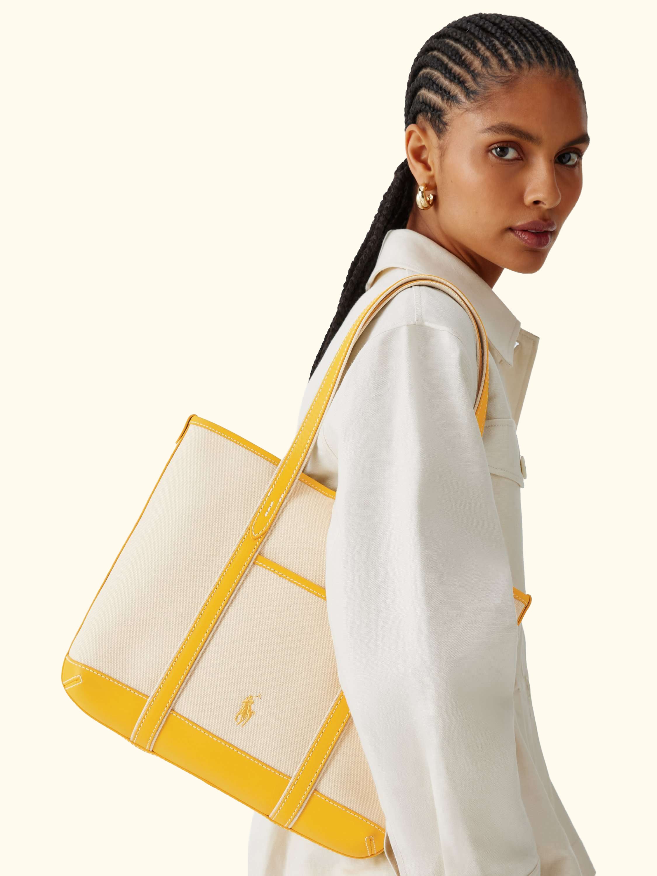 Polo Ralph Lauren Small Canvas Shopper Tote Bag, Ecru/Racing Yellow