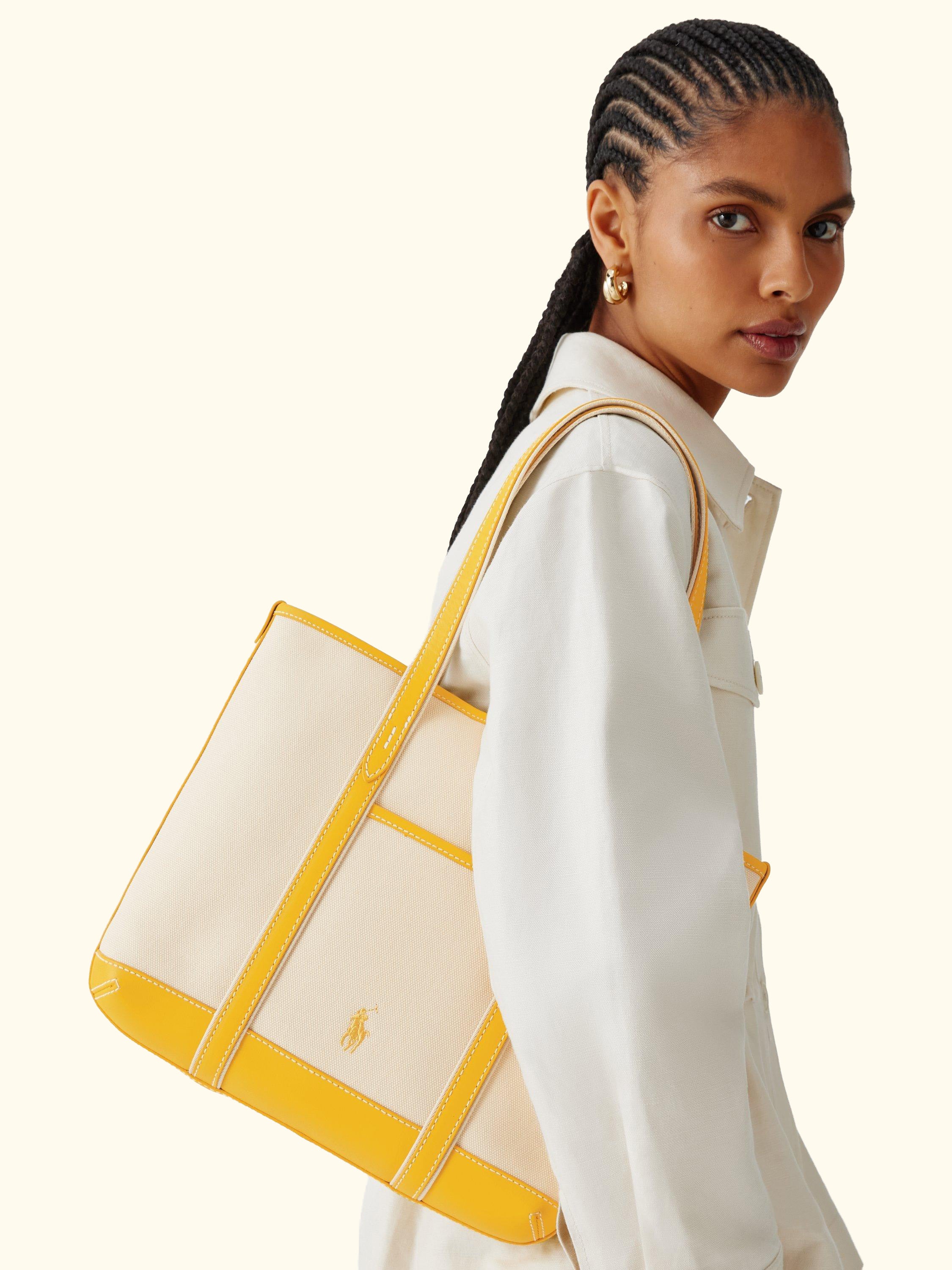 Polo Ralph Lauren Small Canvas Shopper Tote Bag, Ecru/Racing Yellow