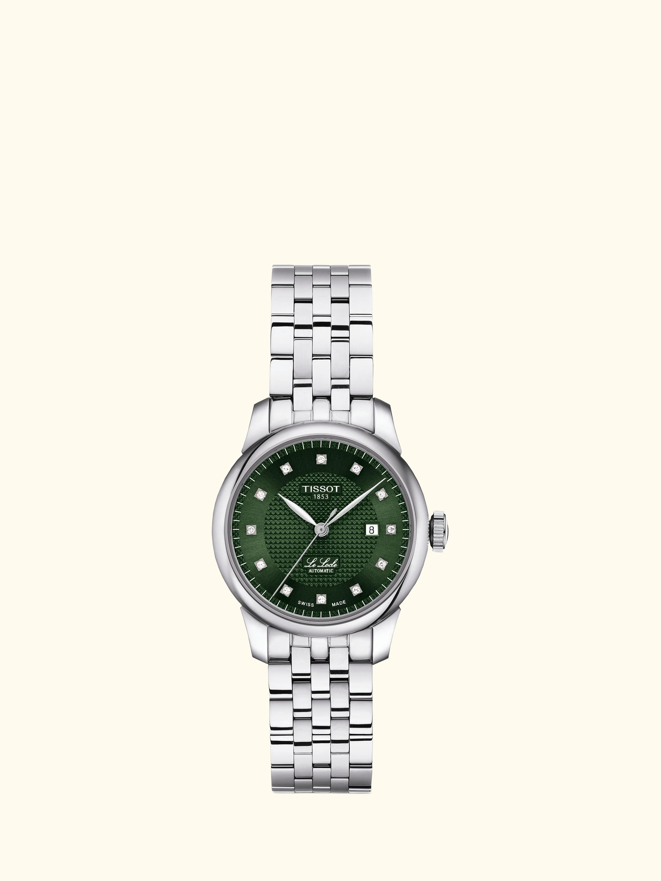 T0062071109600 Women's Le Locle Automatic Diamond Date Bracelet Strap Watch, Green/Silver