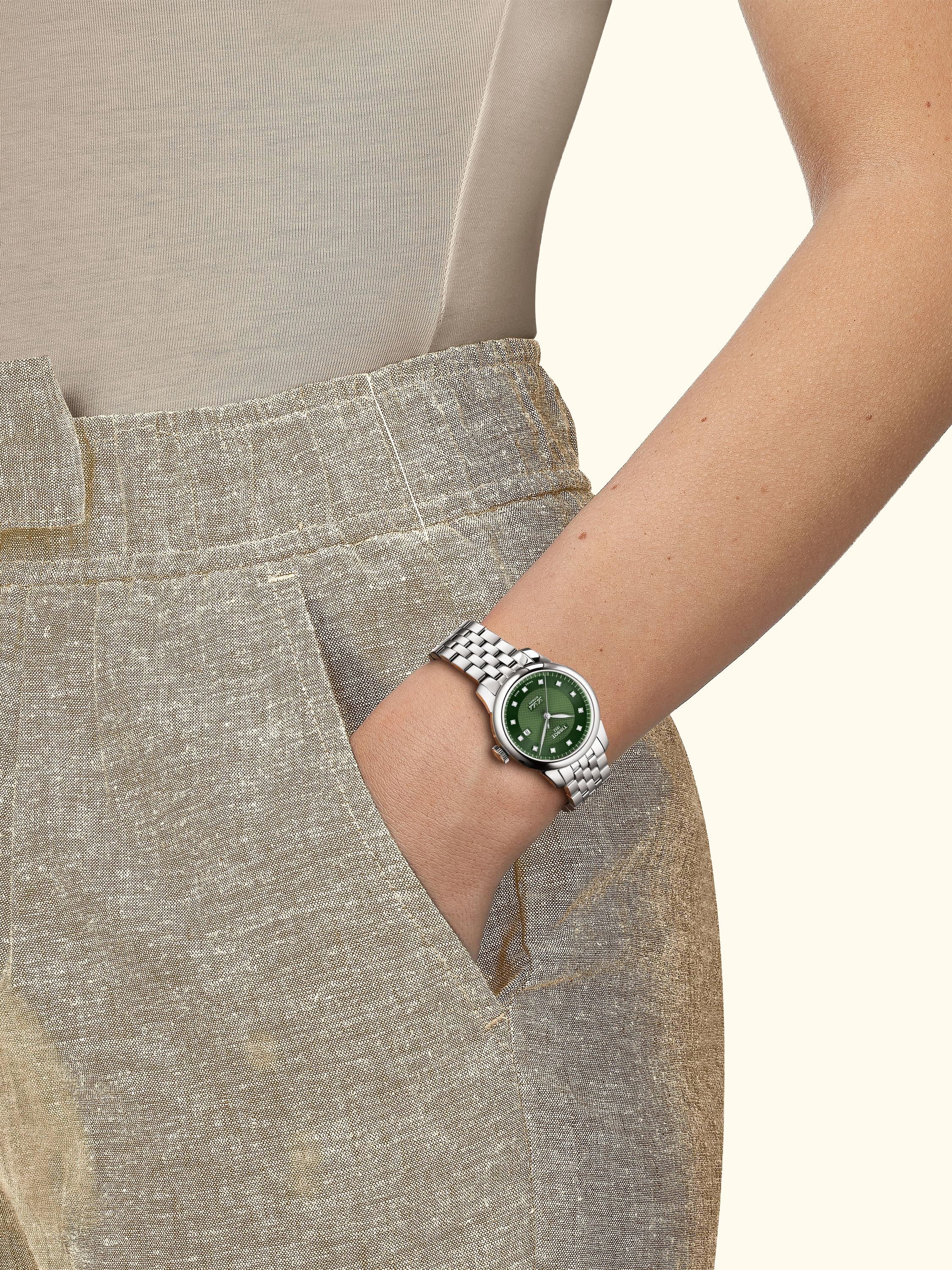 T0062071109600 Women's Le Locle Automatic Diamond Date Bracelet Strap Watch, Green/Silver