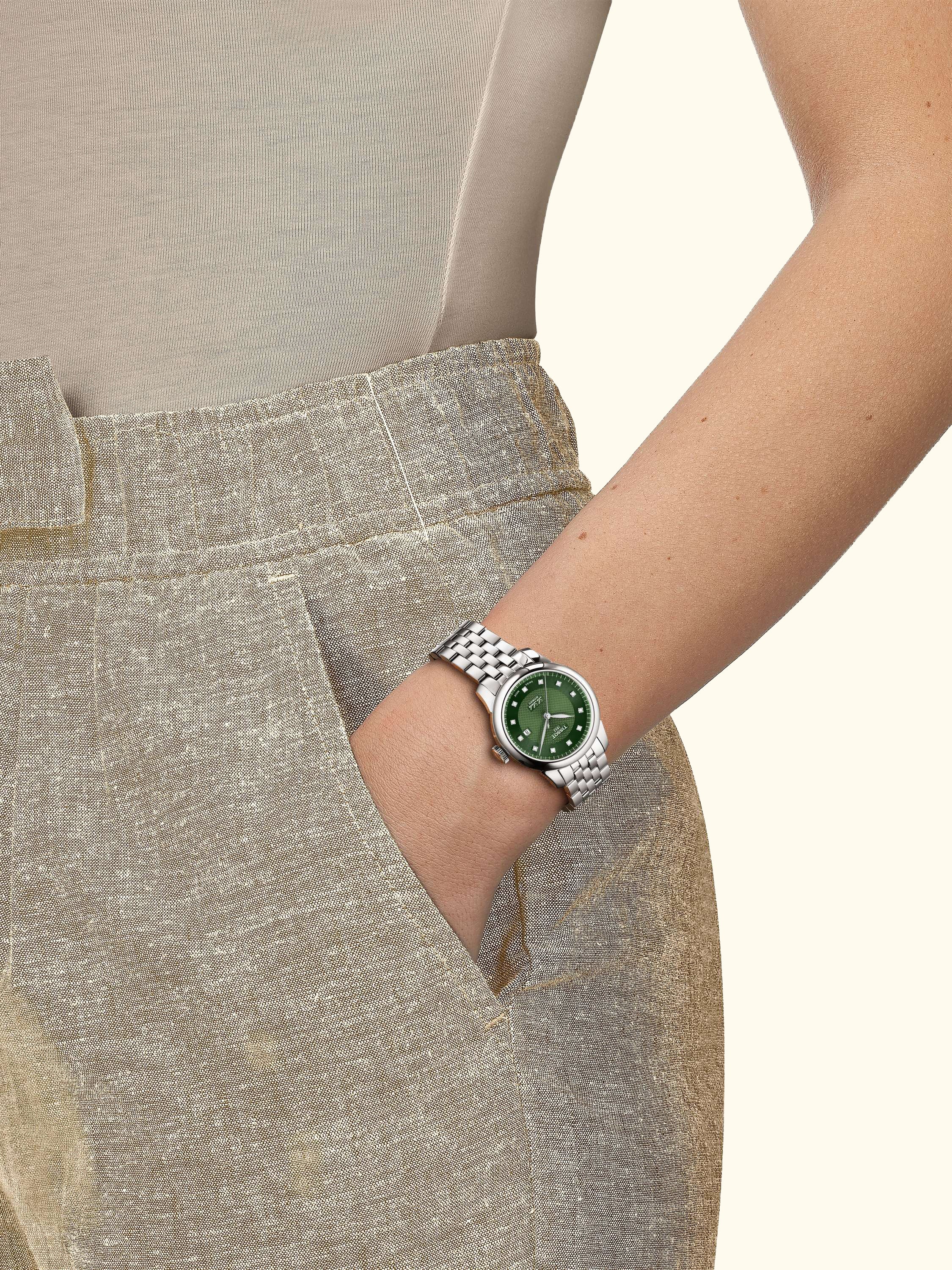 T0062071109600 Women's Le Locle Automatic Diamond Date Bracelet Strap Watch, Green/Silver