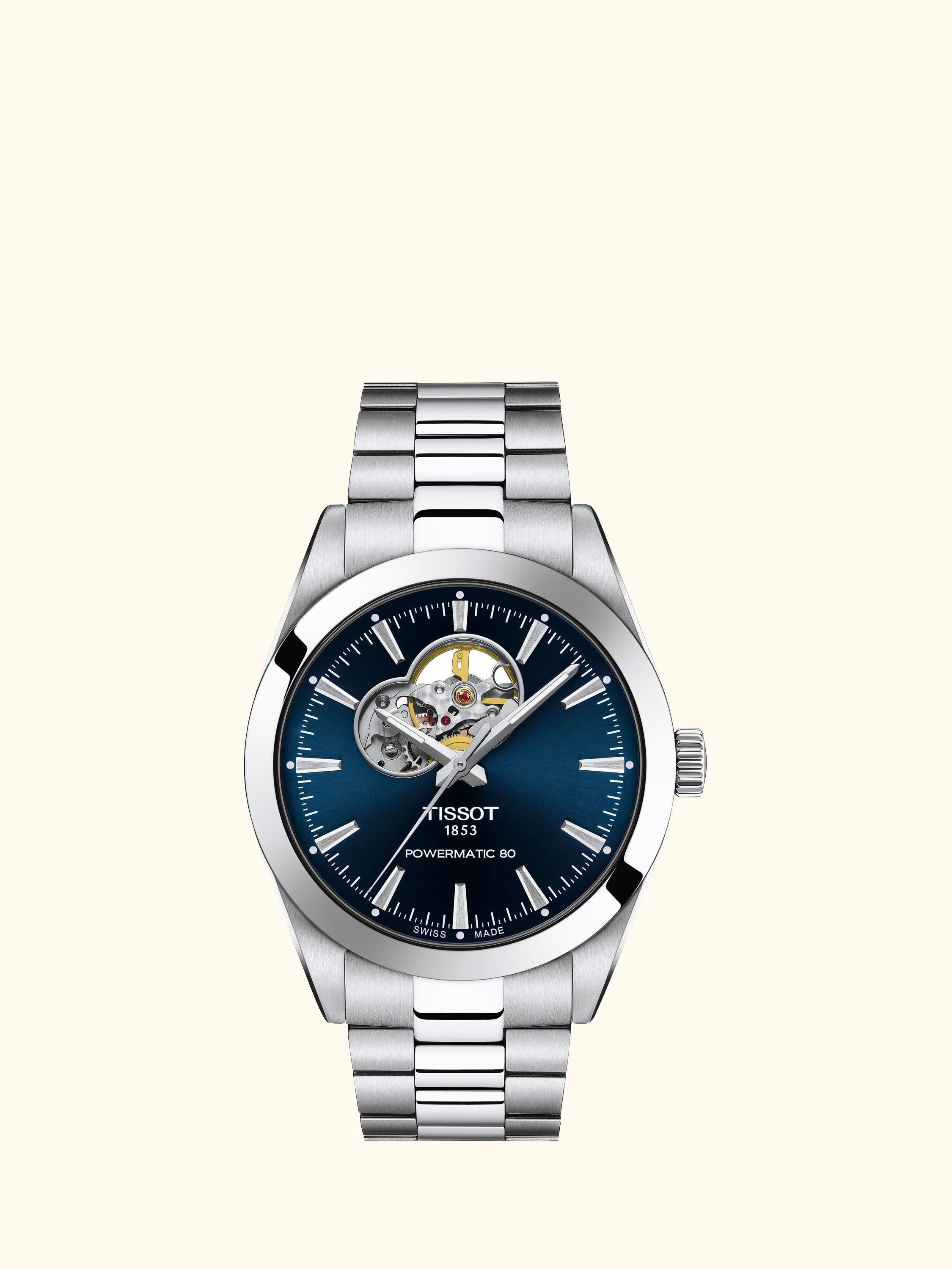 T1274071104101 Men's Powermatic Open Heart Bracelet Strap Watch, Blue/Silver
