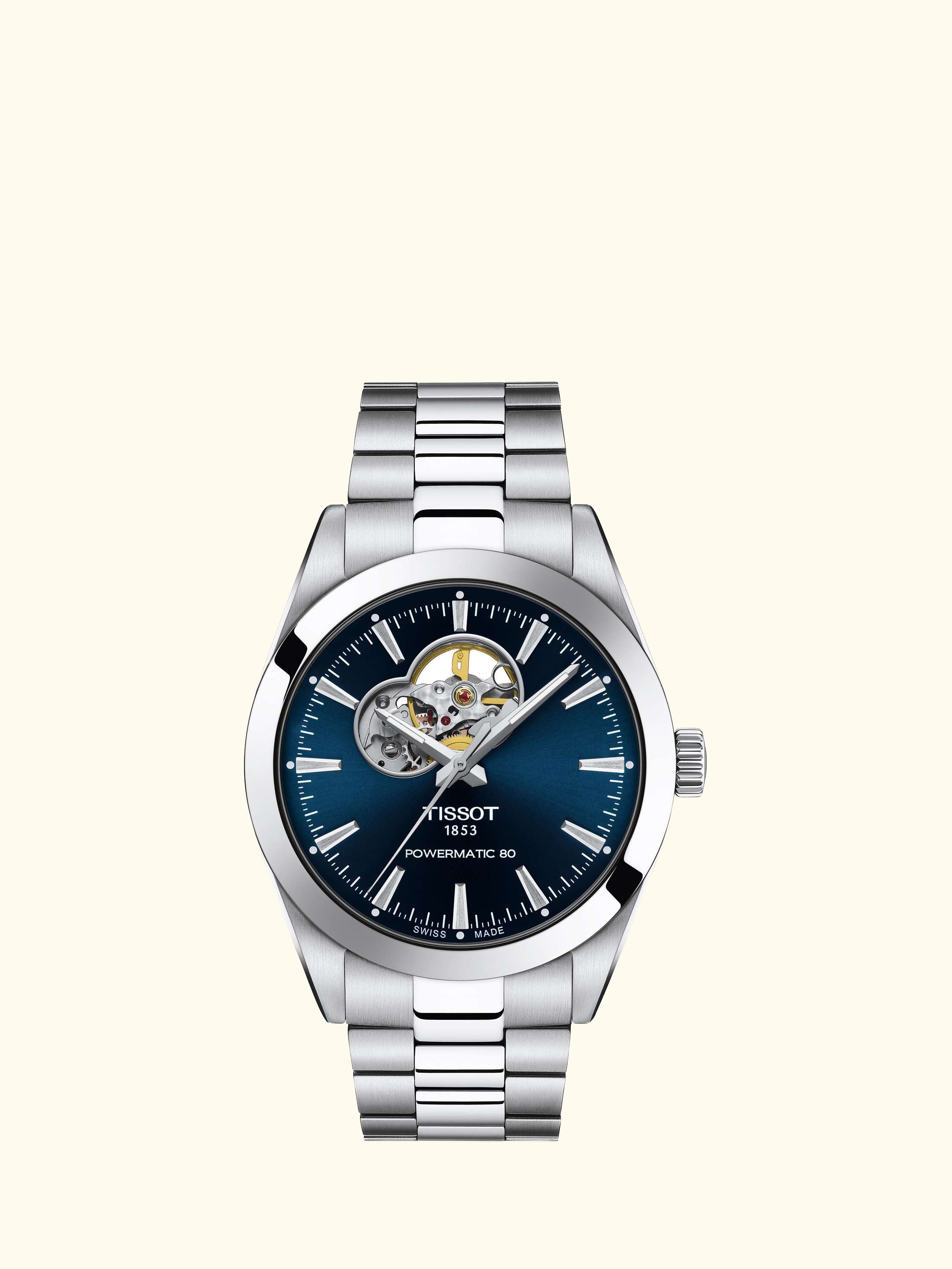 T1274071104101 Men's Powermatic Open Heart Bracelet Strap Watch, Blue/Silver