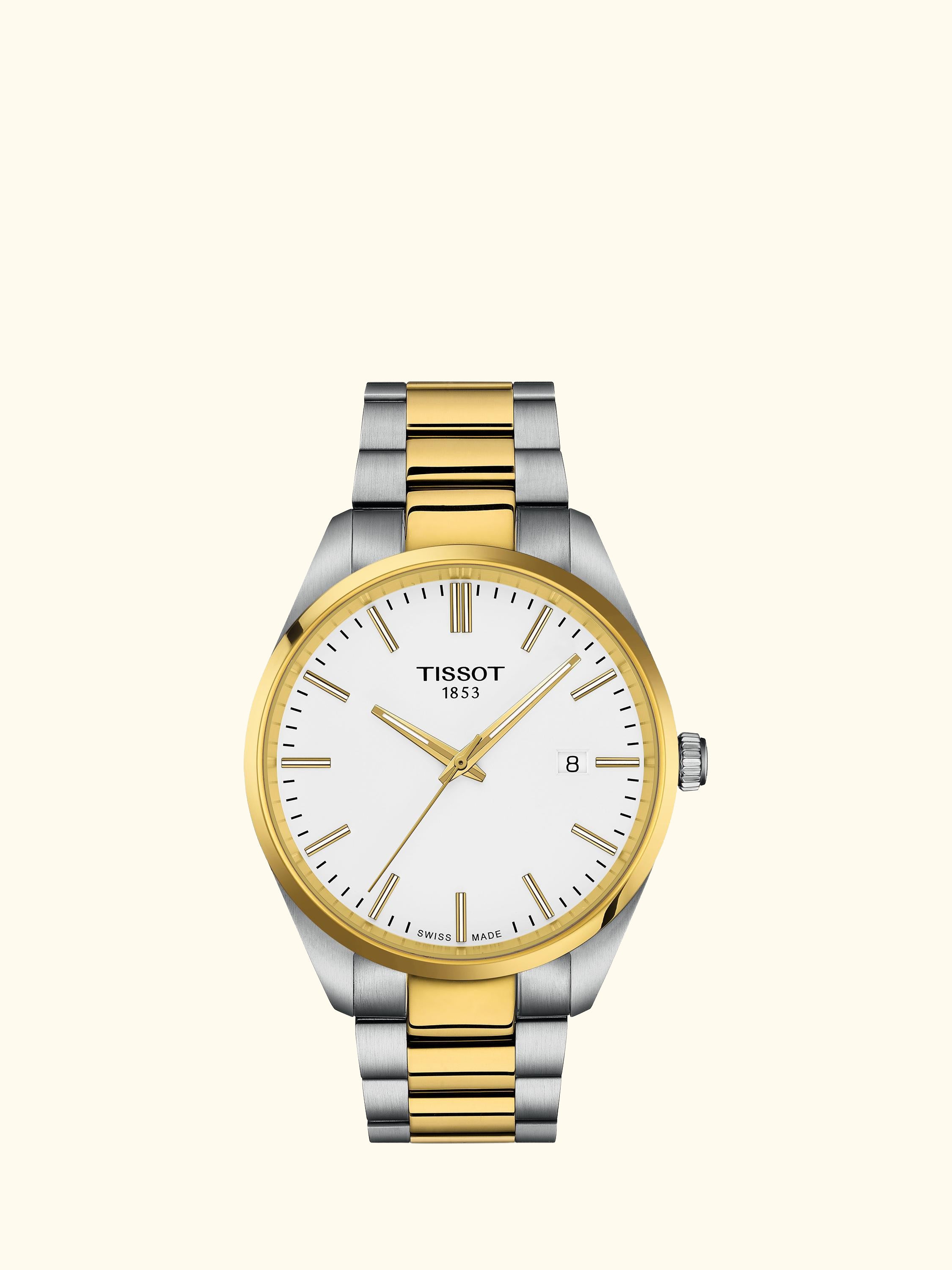 T1504102201100 Men's PR100 Date Bracelet Strap Watch, White/Two-tone