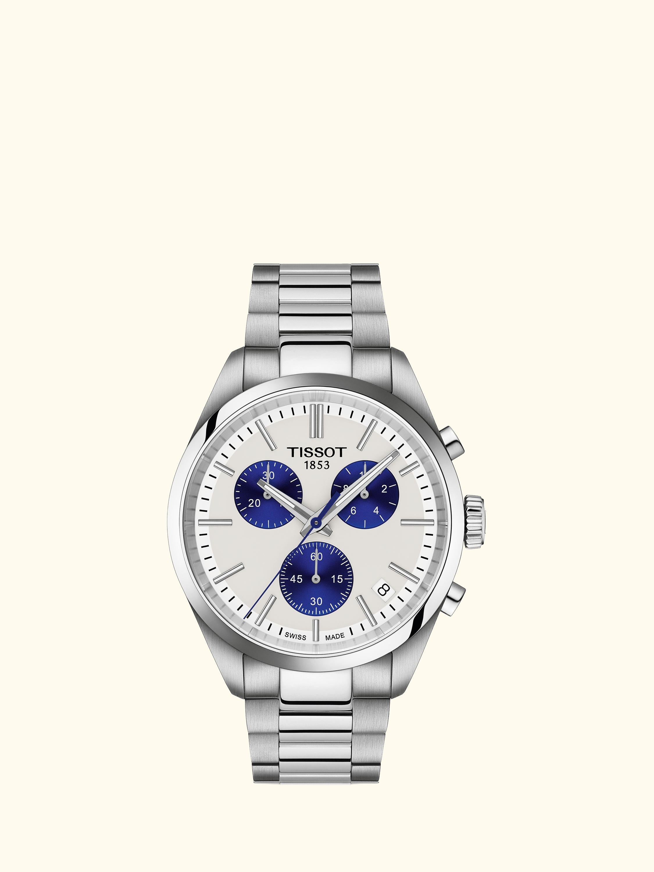 T1504171101100 Men's PR100 Date Sub-Dial Bracelet Strap Watch, Silver/Silver