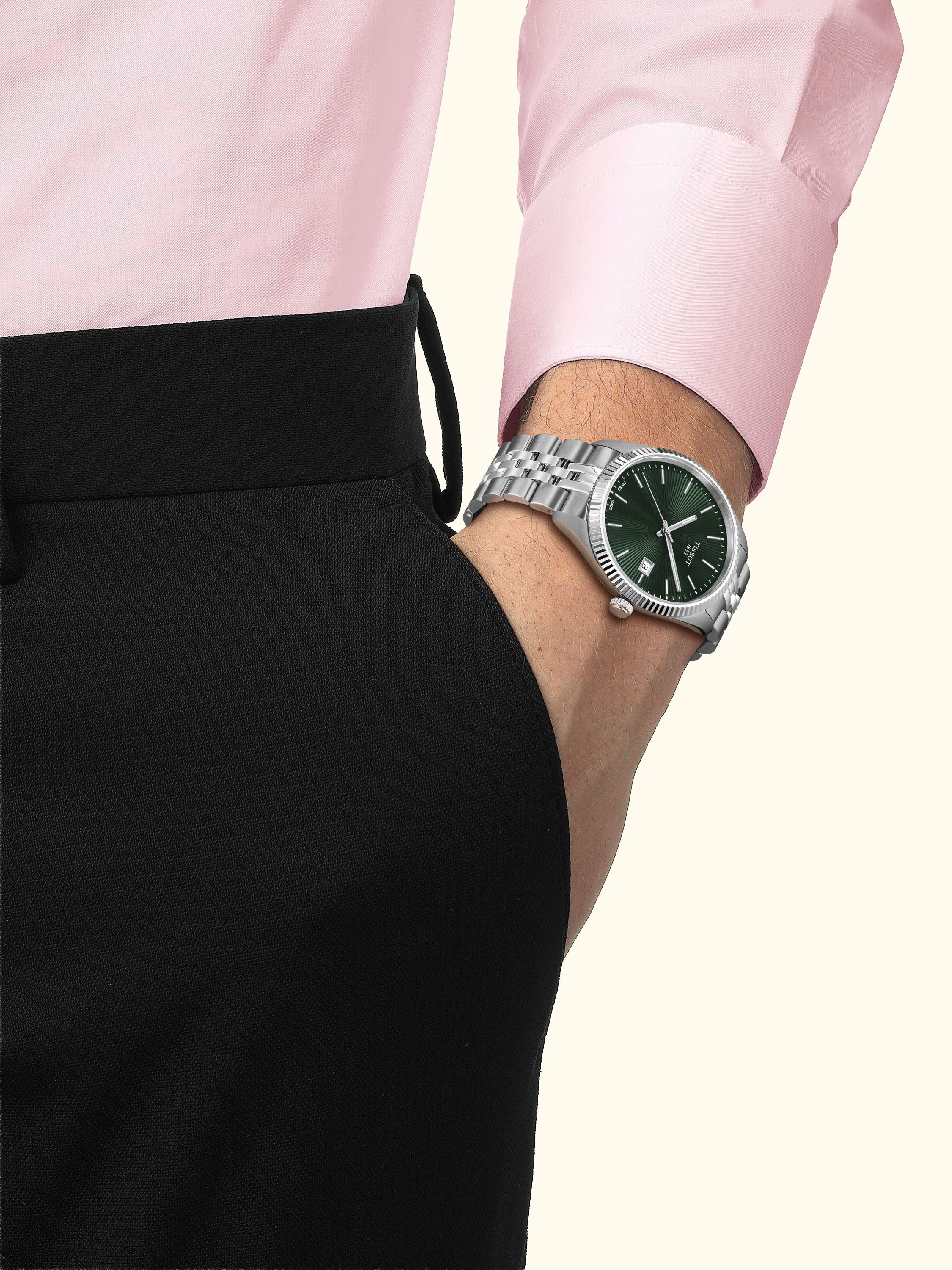 T1564101109100 Men's Ballade Date Bracelet Strap Watch, Green/Silver