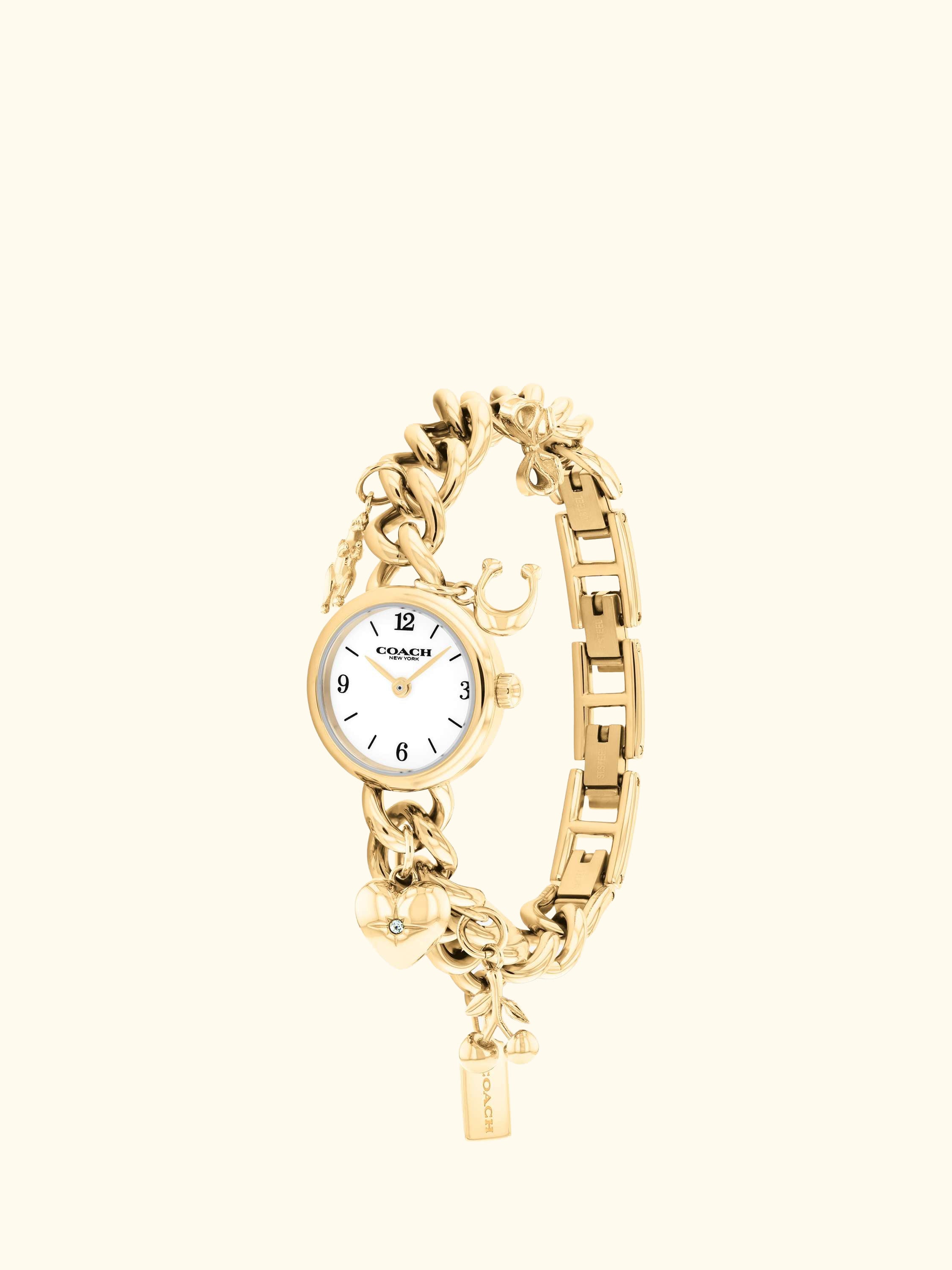 14504648 Women's Iris Round Charm Bracelet Watch, Gold