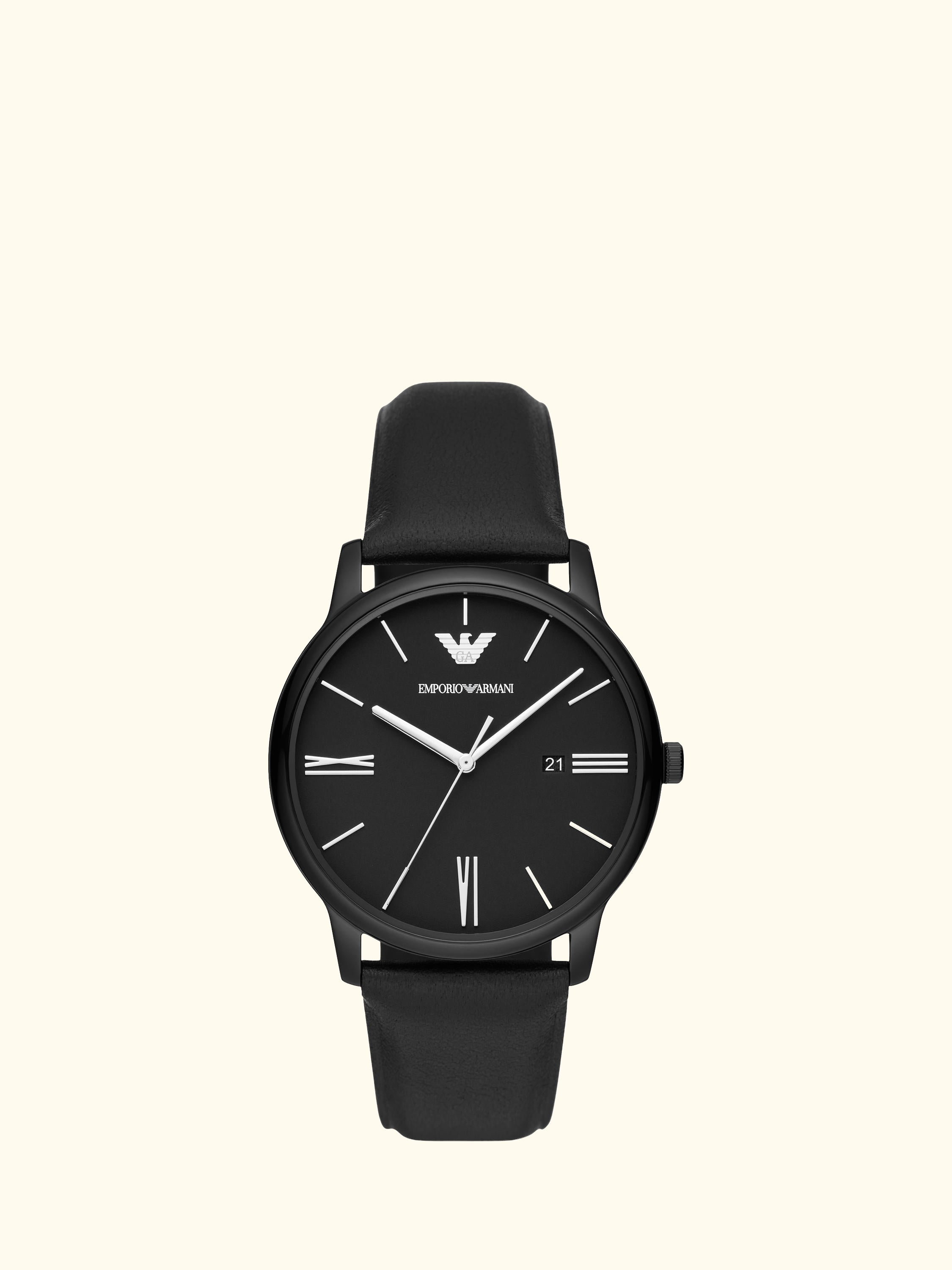 AR11573 Men's Matte Dial Leather Strap Watch, Black