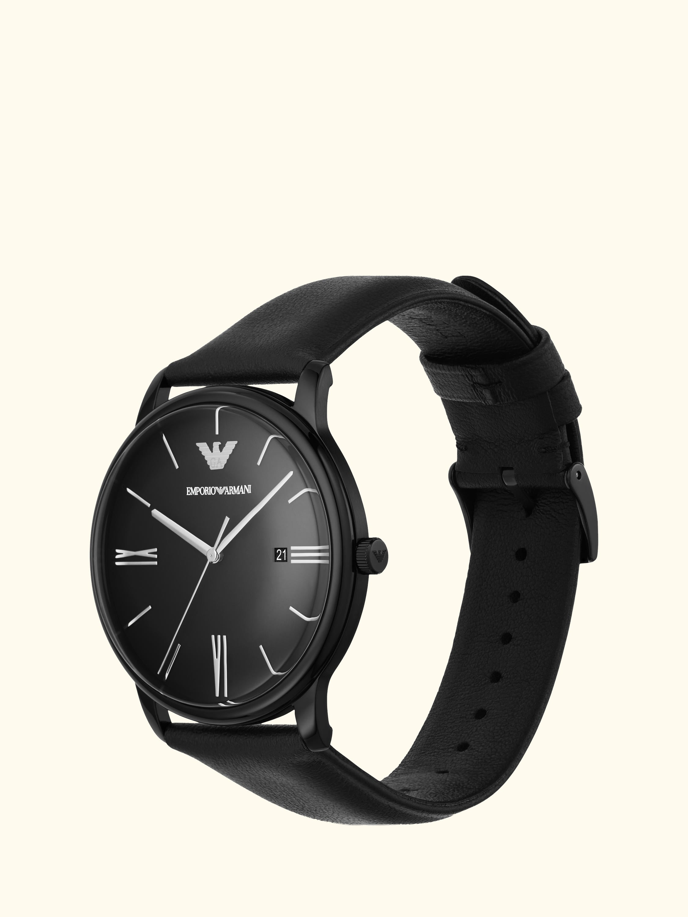 AR11573 Men's Matte Dial Leather Strap Watch, Black