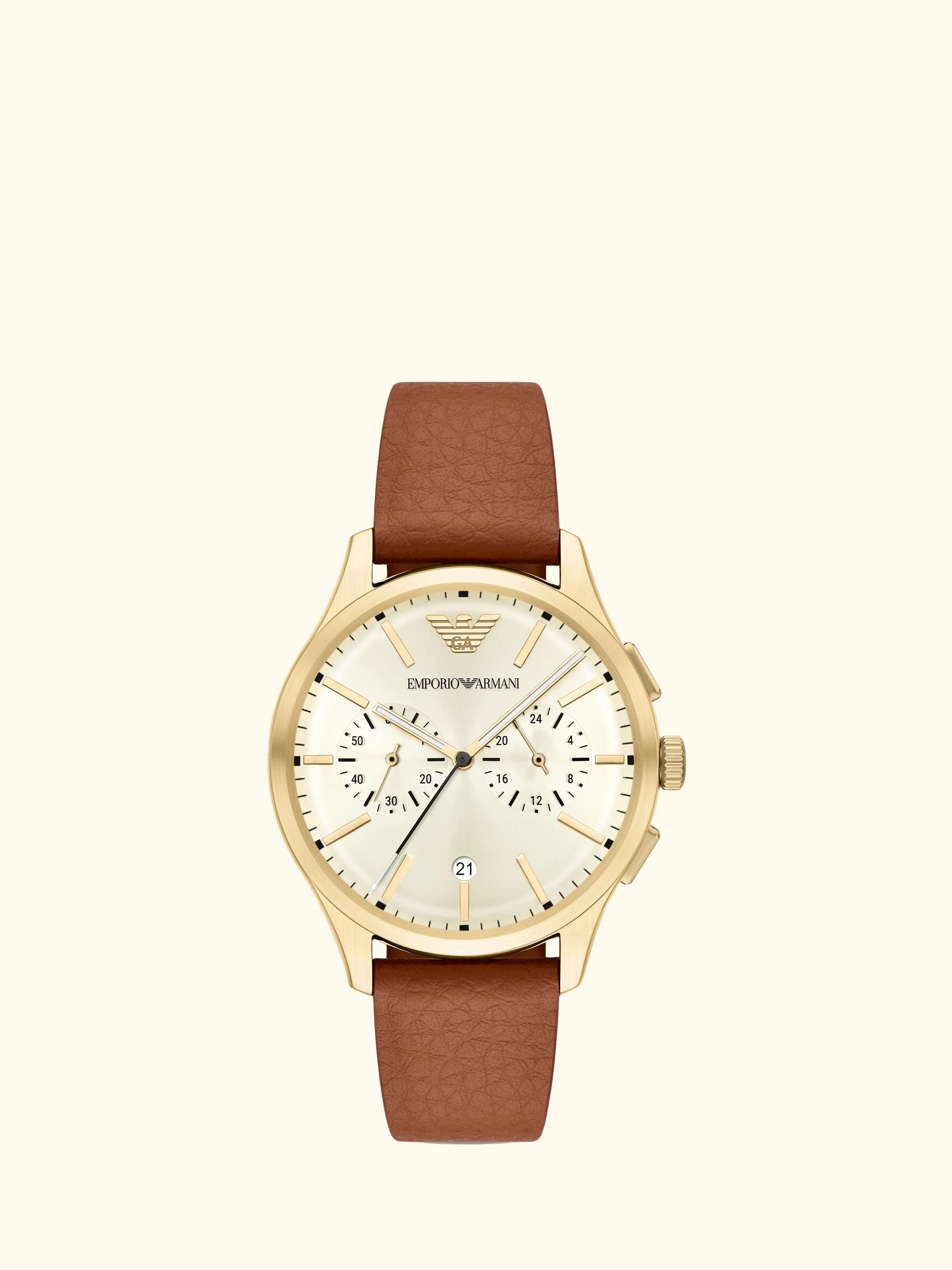AR11714 Men's Japanese Movement Leather Strap Watch, Brown And Cream
