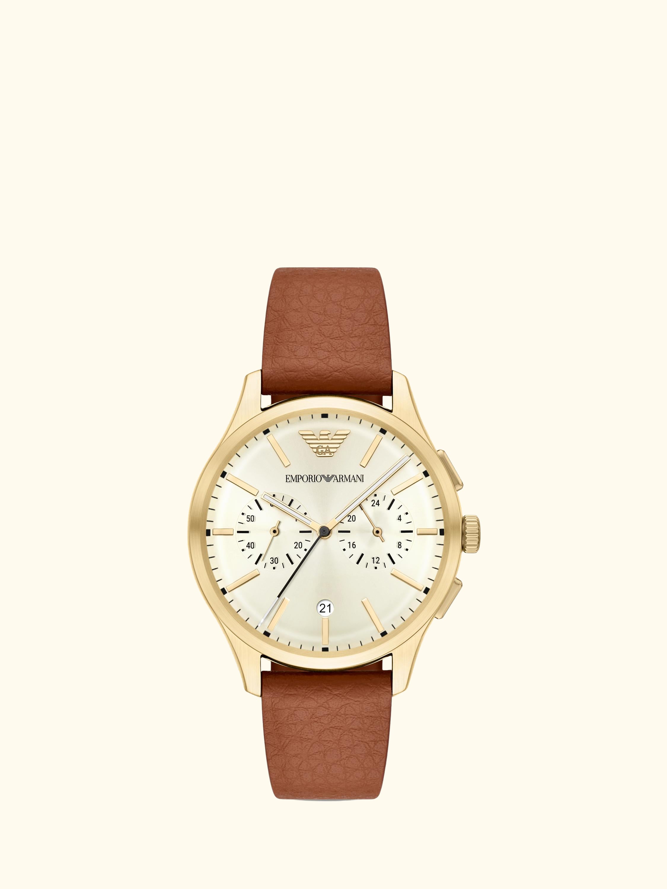 AR11714 Men's Japanese Movement Leather Strap Watch, Brown And Cream