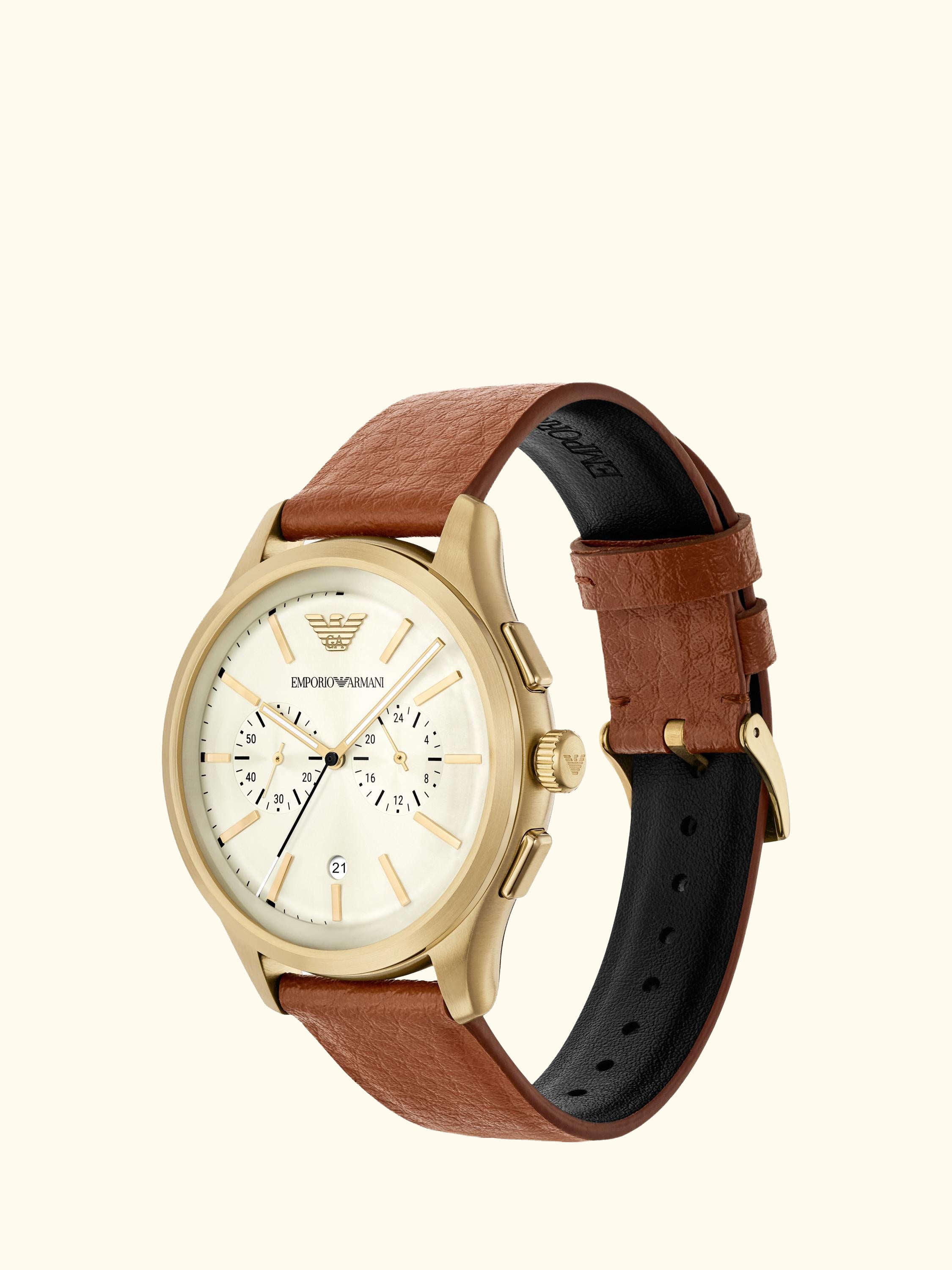 AR11714 Men's Japanese Movement Leather Strap Watch, Brown And Cream