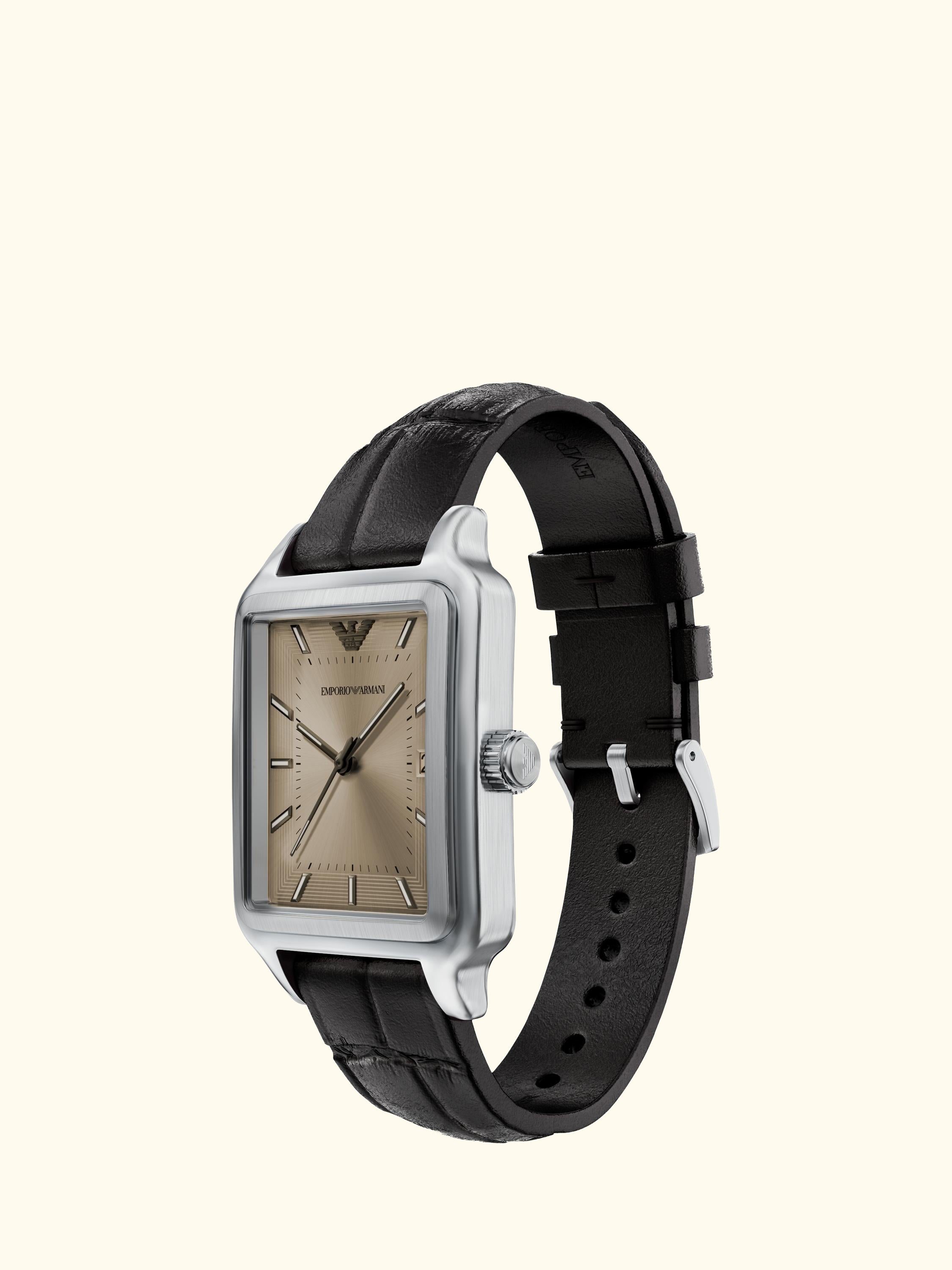 AR11756 Men's Japanese Movement Leather Strap Watch, Silver And Brown
