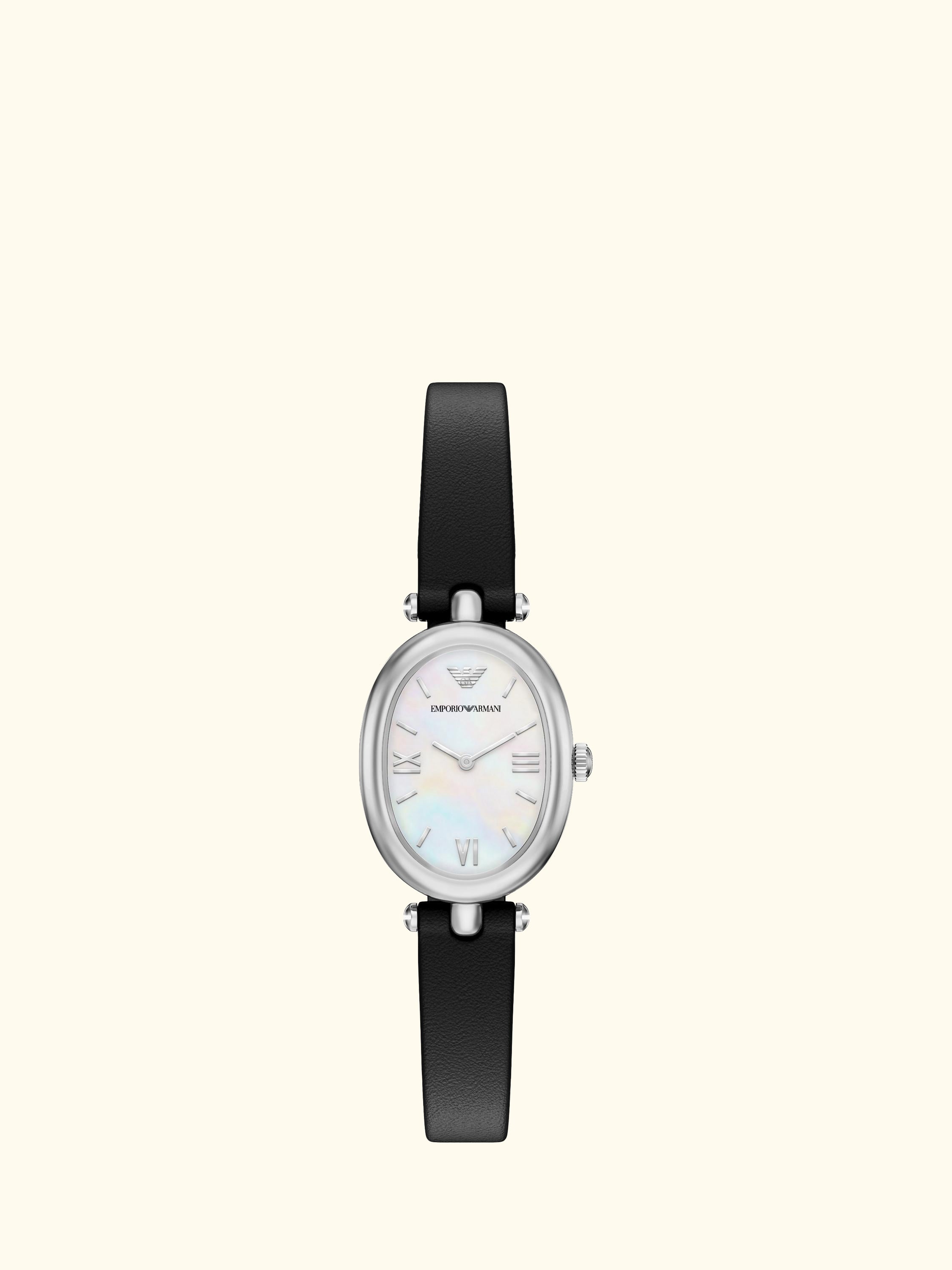AR11778 Women's Sinfonia Mother of Pearl Dial Leather Strap Watch, Silver And Black