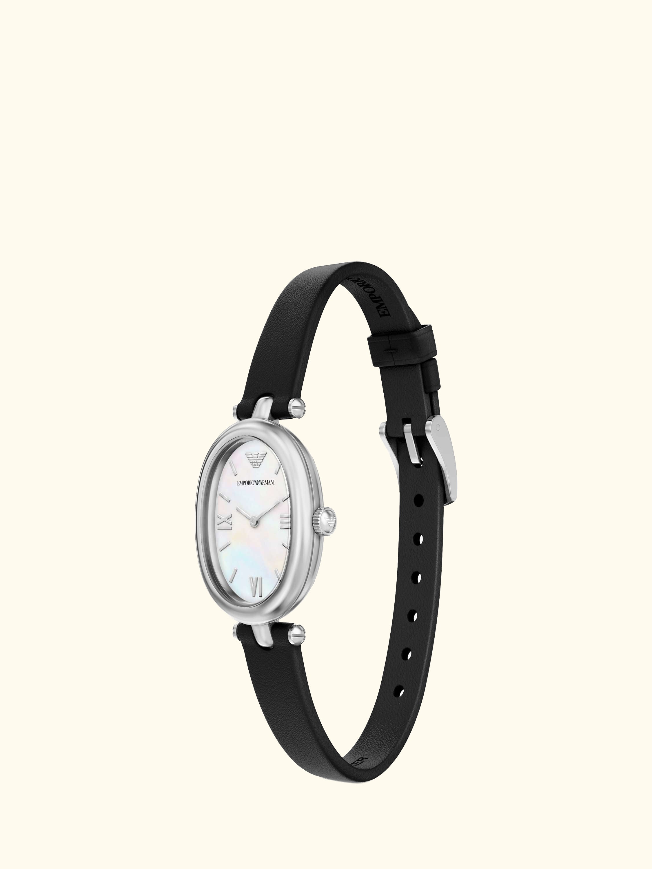 AR11778 Women's Sinfonia Mother of Pearl Dial Leather Strap Watch, Silver And Black