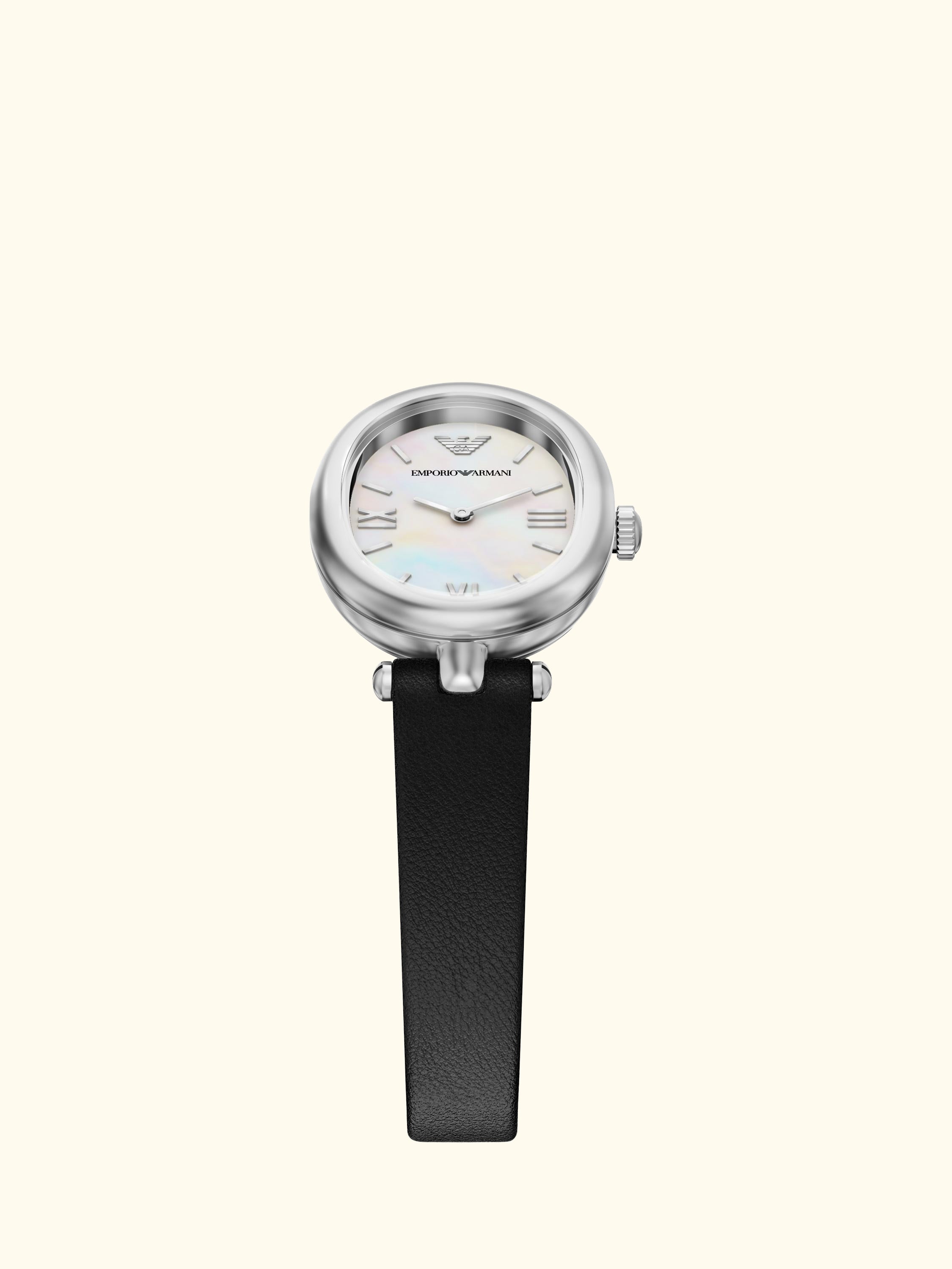 AR11778 Women's Sinfonia Mother of Pearl Dial Leather Strap Watch, Silver And Black
