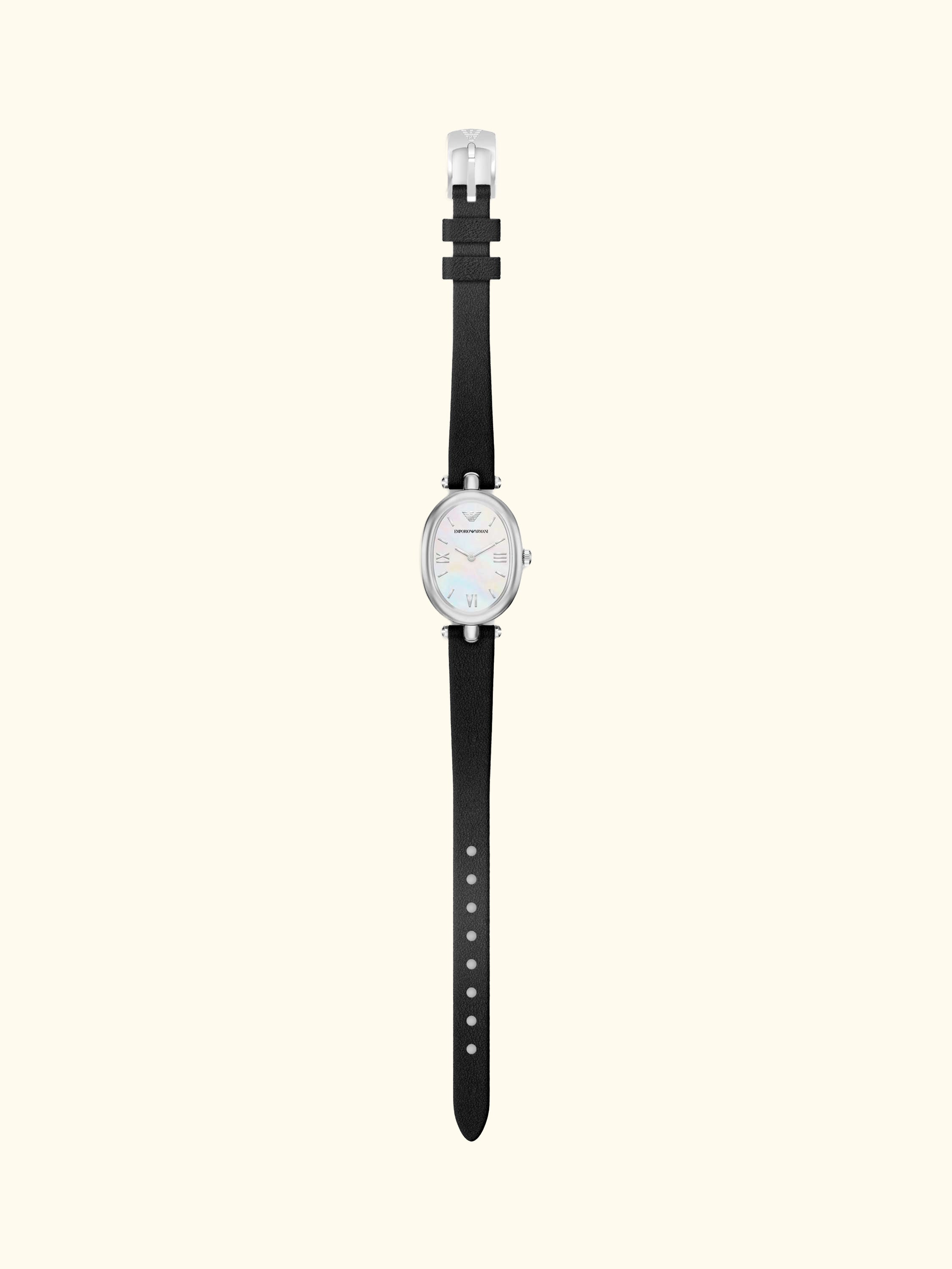 AR11778 Women's Sinfonia Mother of Pearl Dial Leather Strap Watch, Silver And Black