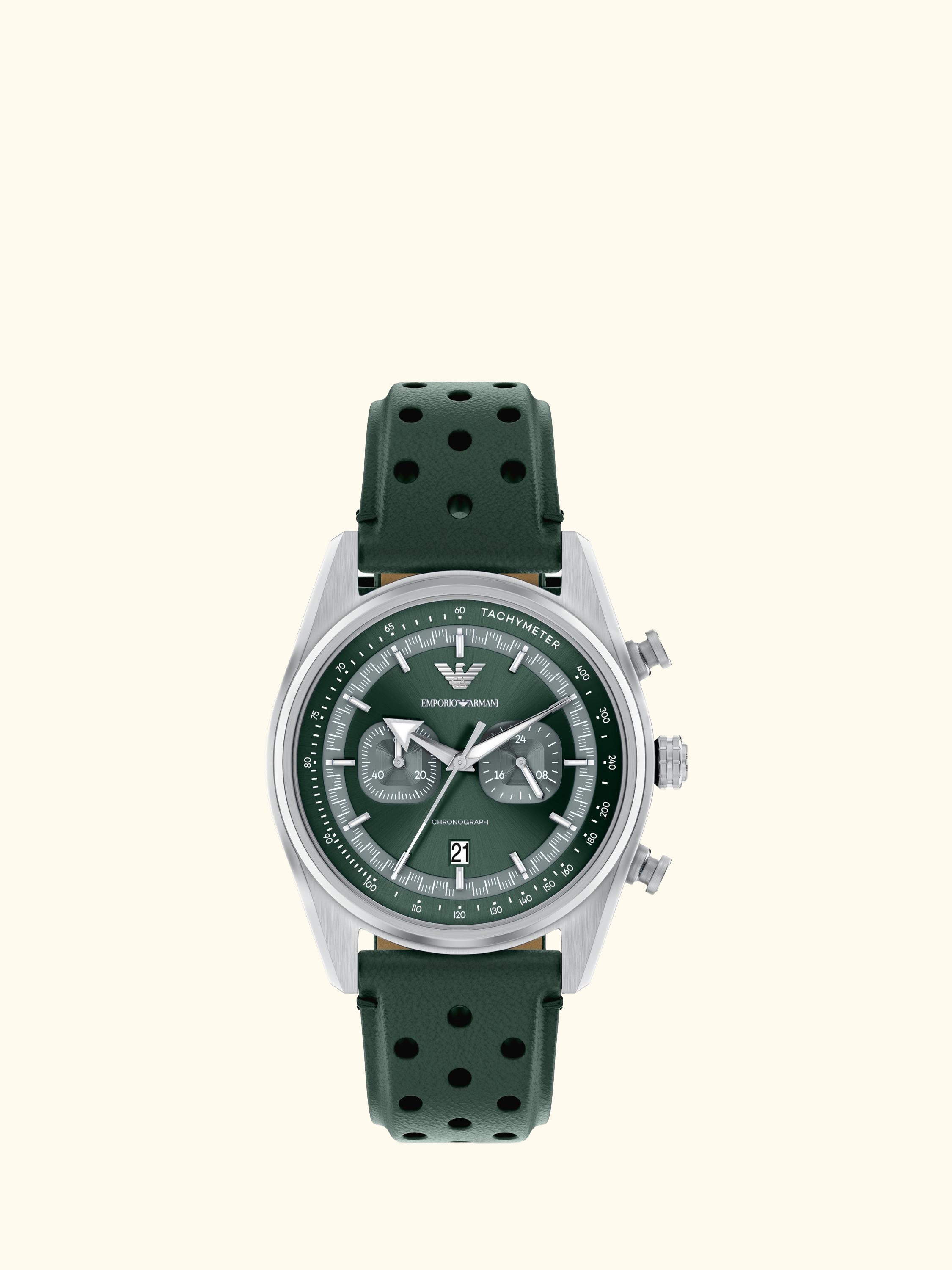 AR11782 Men's Chronograph Leather Strap Watch, Silver/Green