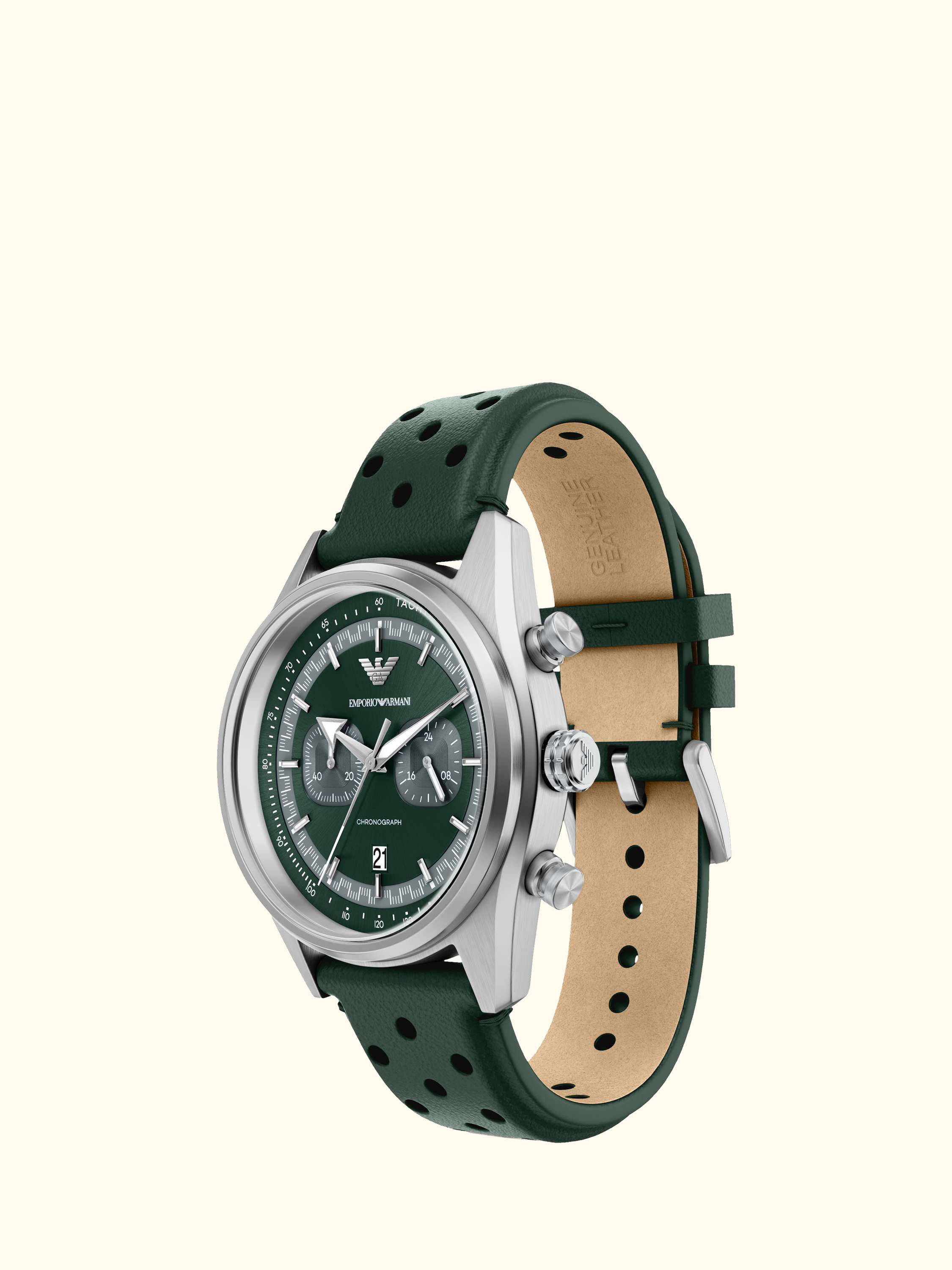 AR11782 Men's Chronograph Leather Strap Watch, Silver/Green