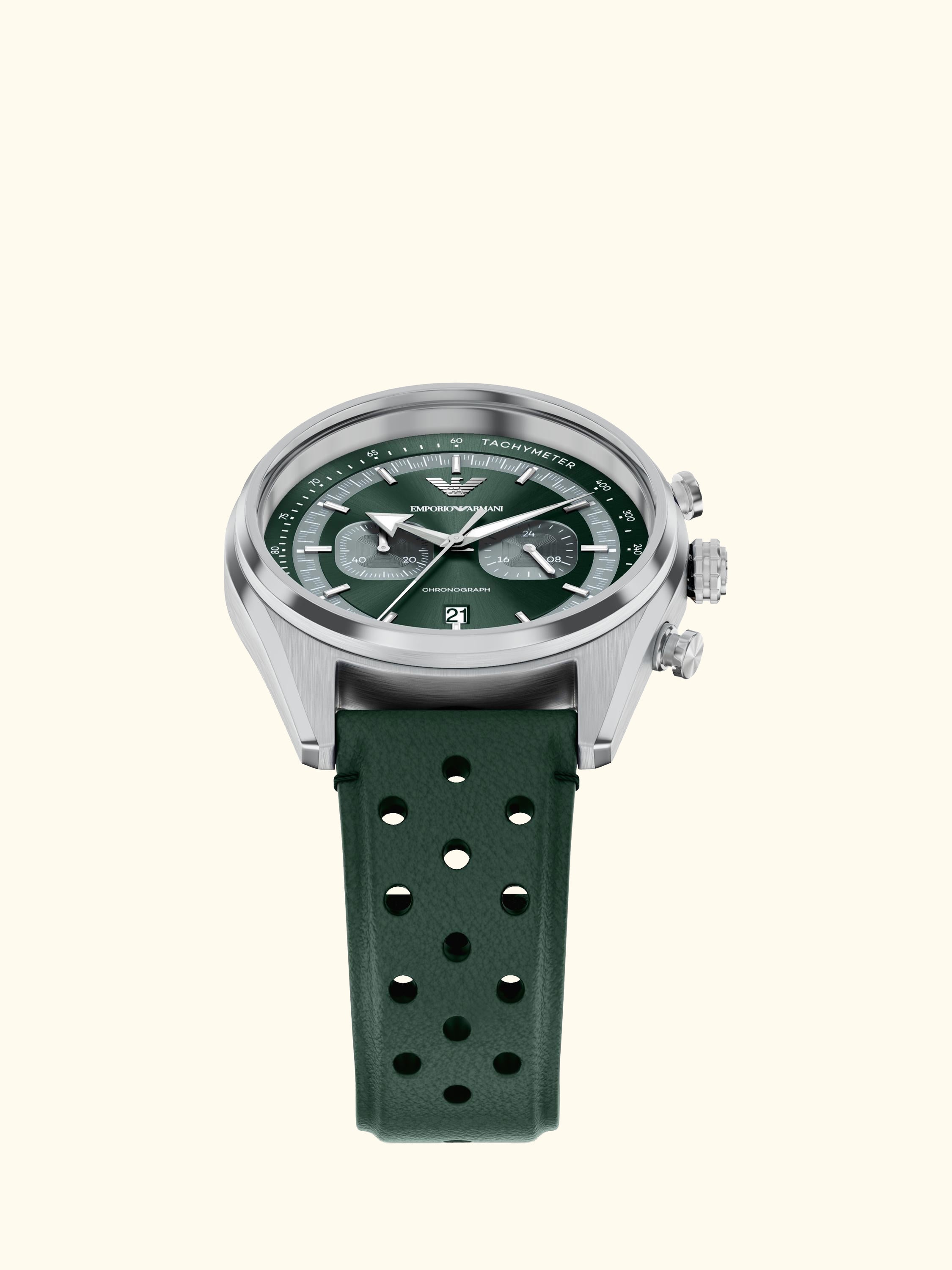 AR11782 Men's Chronograph Leather Strap Watch, Silver/Green