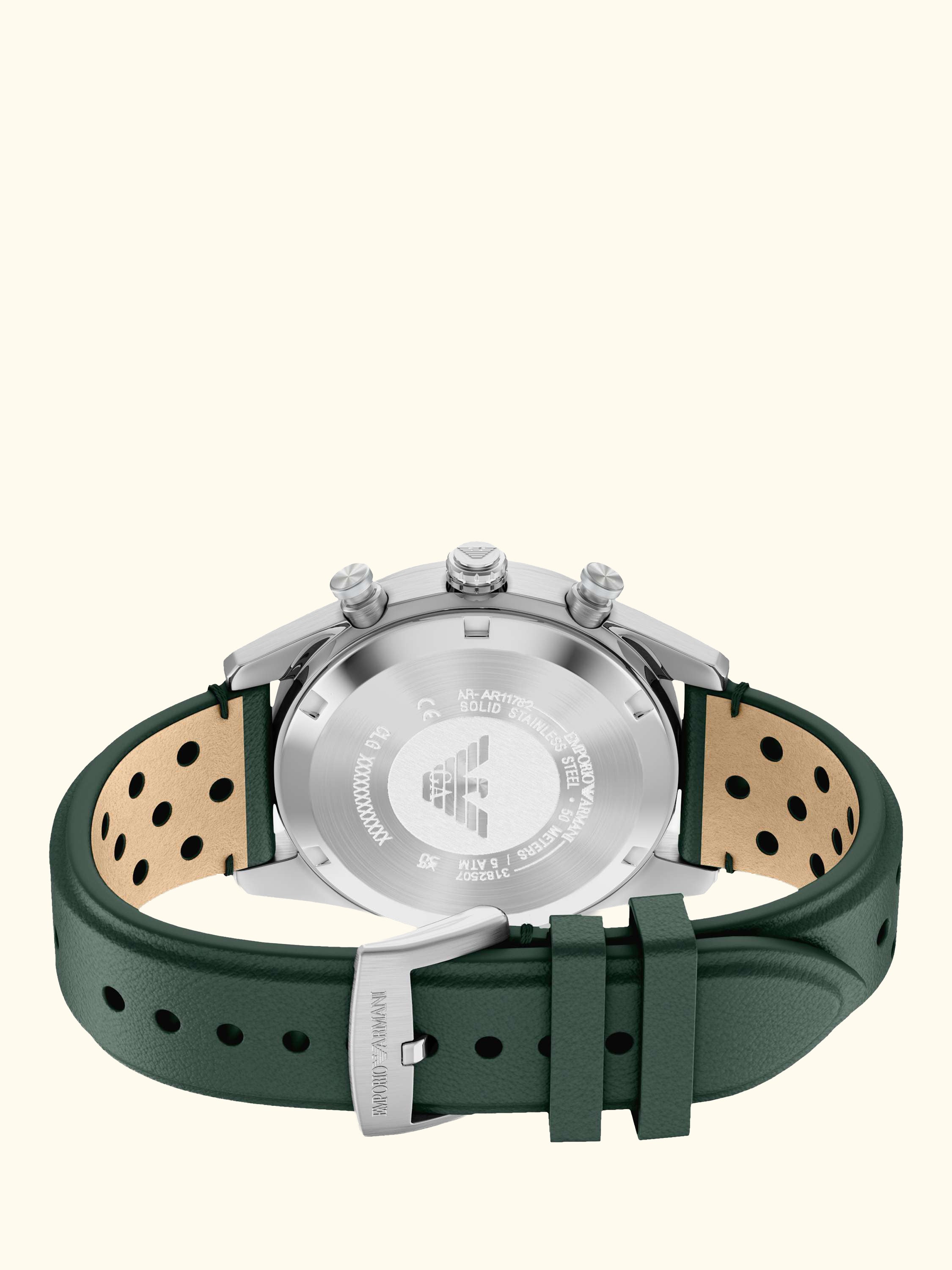 AR11782 Men's Chronograph Leather Strap Watch, Silver/Green
